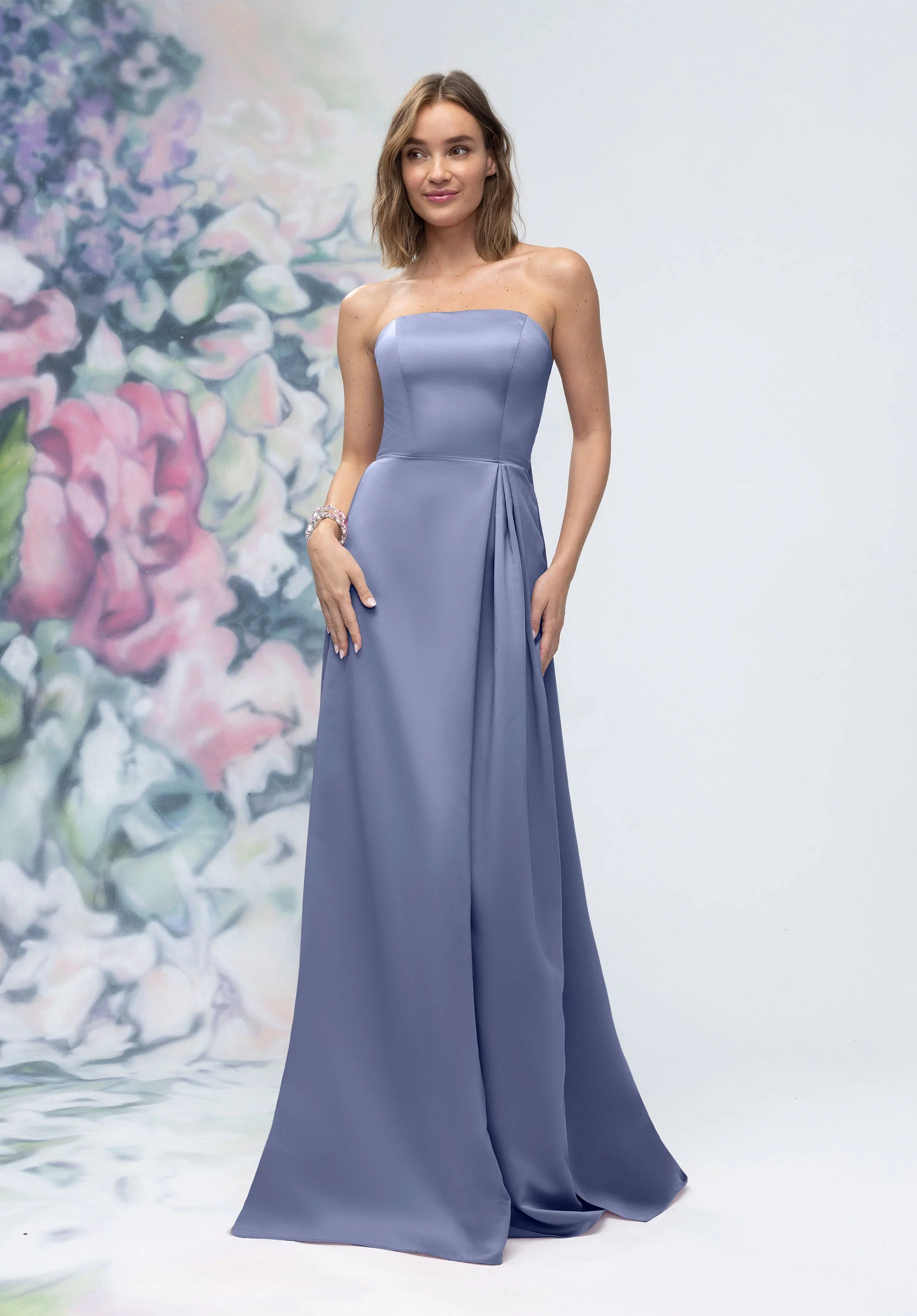 Strapless Straight Neck Satin Bridesmaid Dress with Detachable Watteau Back - Image 28