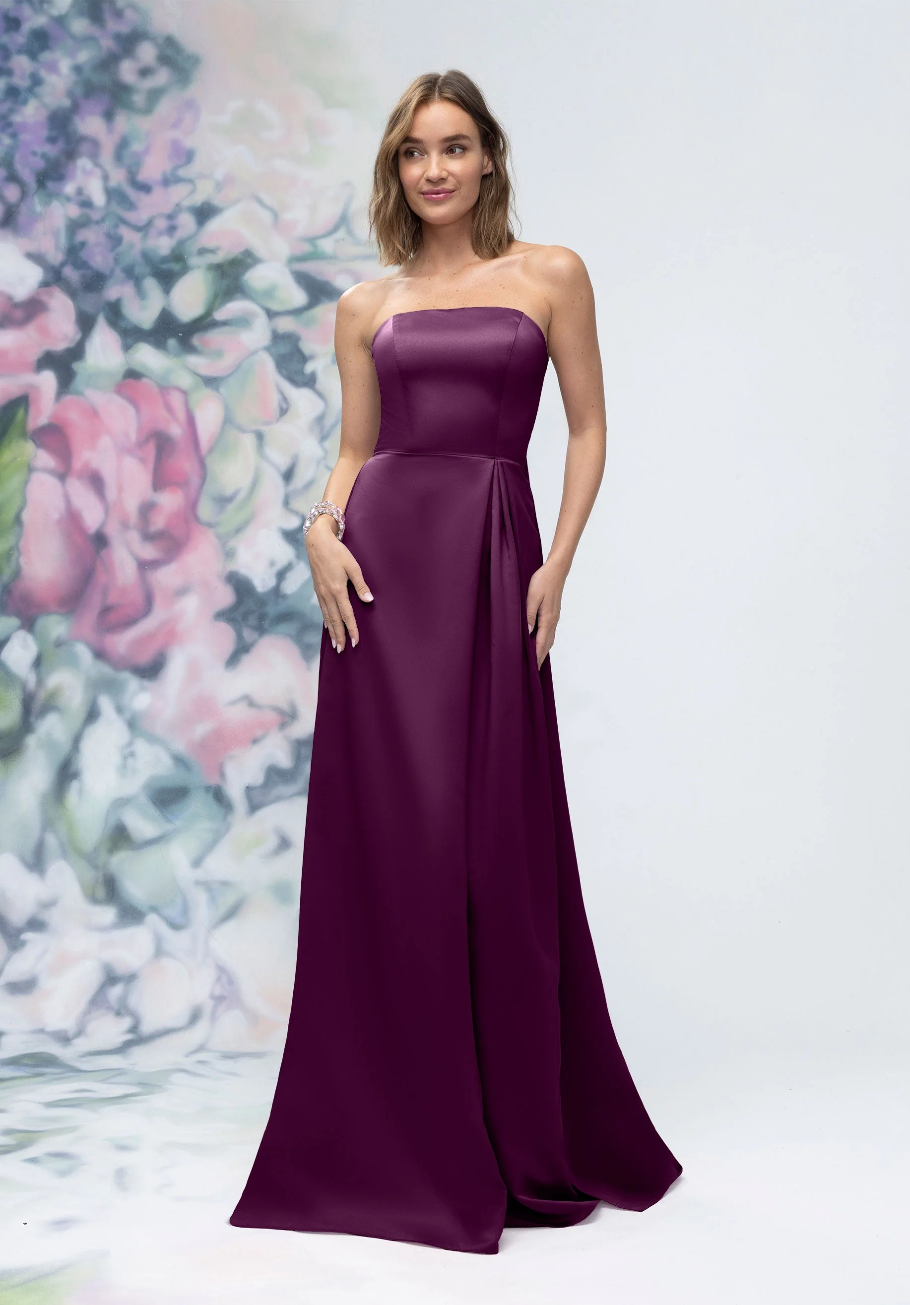 Strapless Straight Neck Satin Bridesmaid Dress with Detachable Watteau Back - Image 29