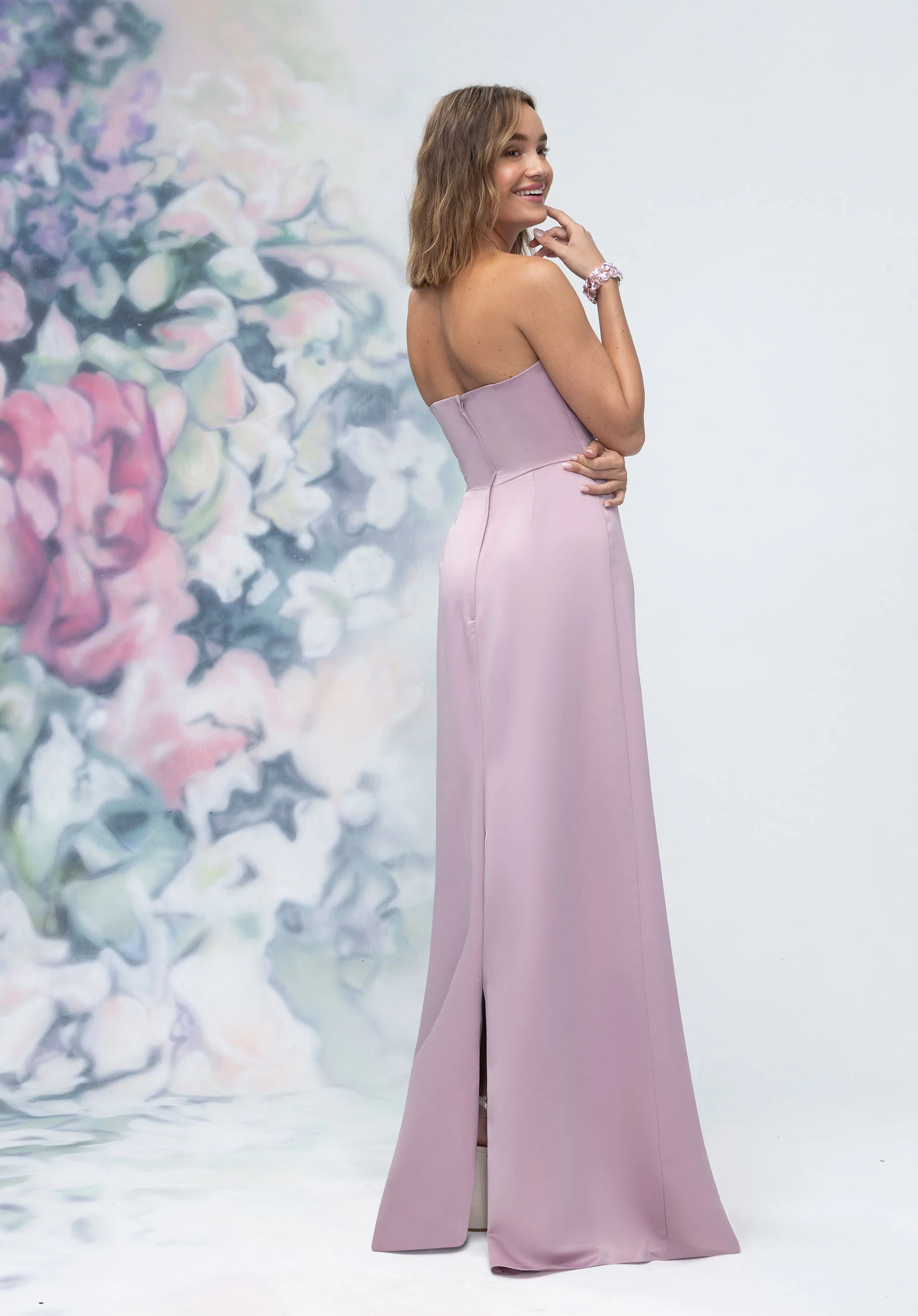 Strapless Straight Neck Satin Bridesmaid Dress with Detachable Watteau Back - Image 3