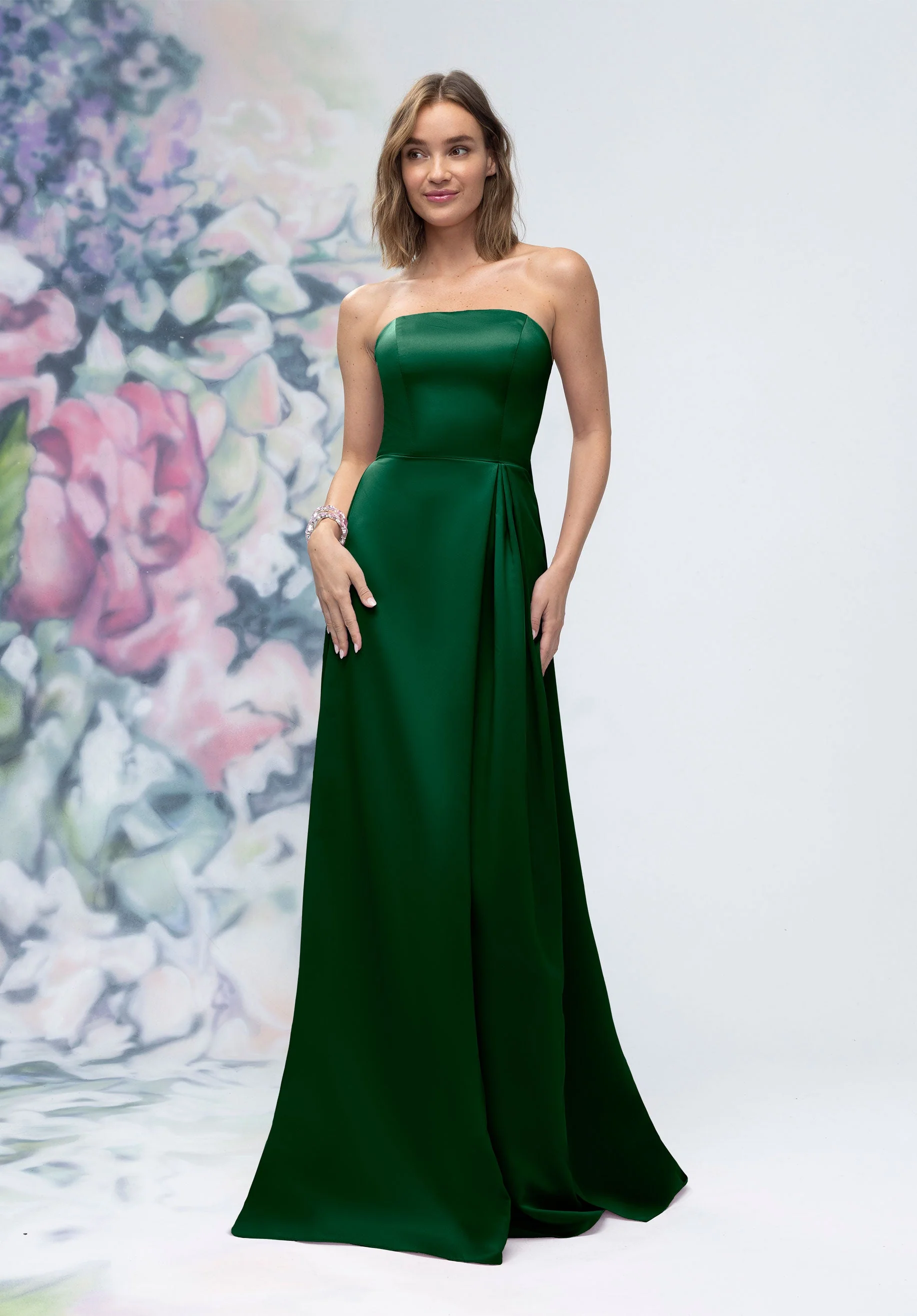 Strapless Straight Neck Satin Bridesmaid Dress with Detachable Watteau Back - Image 30