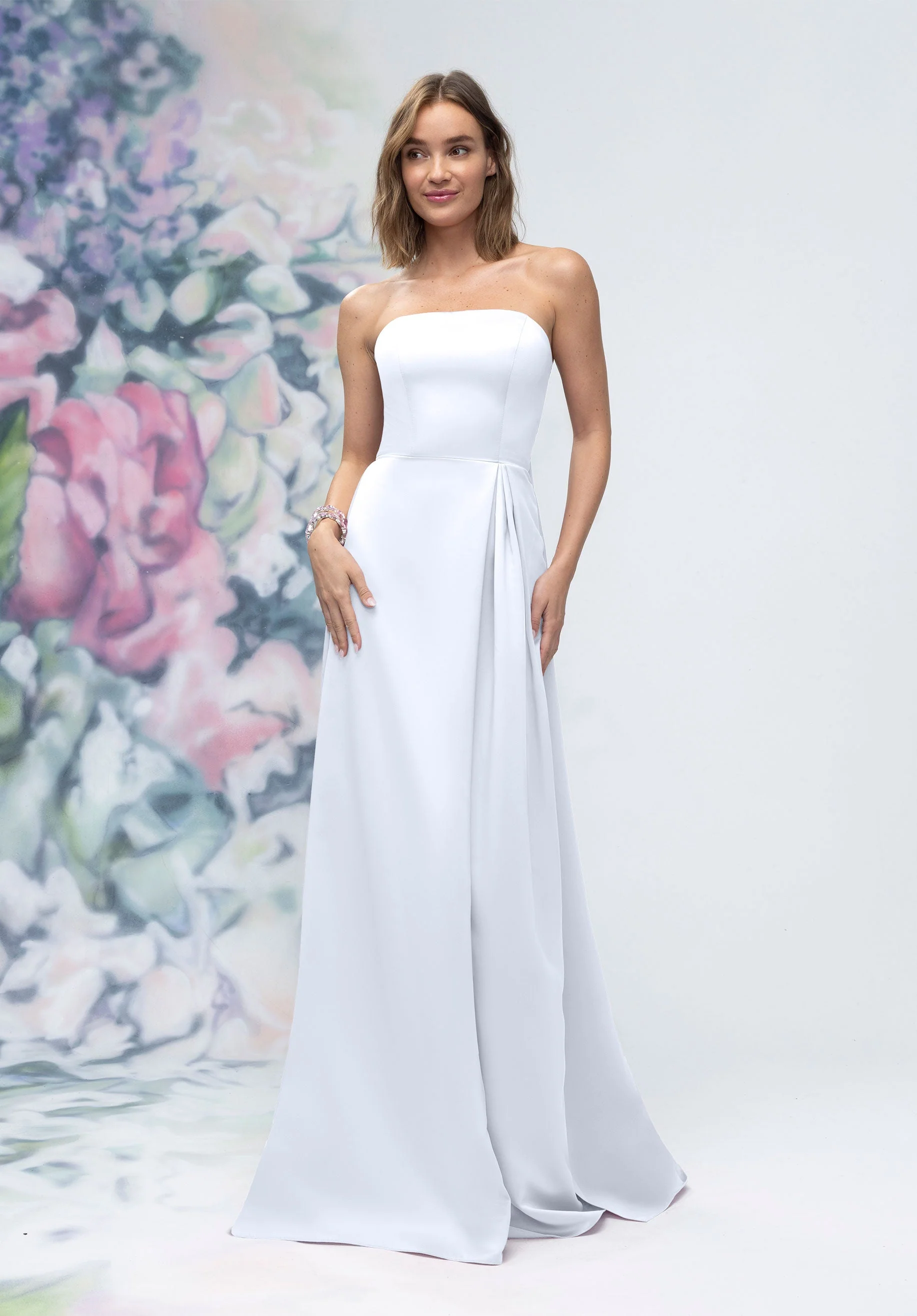 Strapless Straight Neck Satin Bridesmaid Dress with Detachable Watteau Back - Image 32