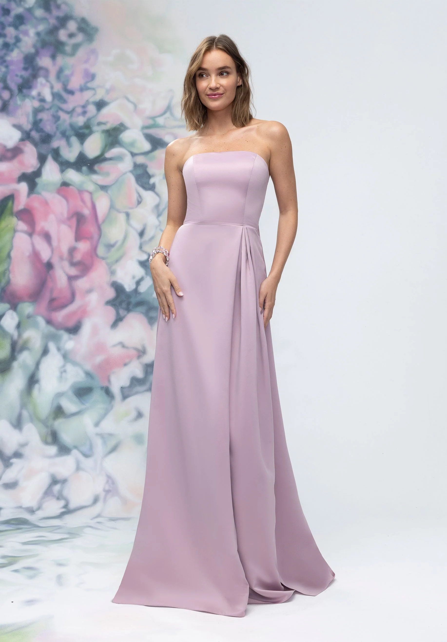 Strapless Straight Neck Satin Bridesmaid Dress with Detachable Watteau Back - Image 33