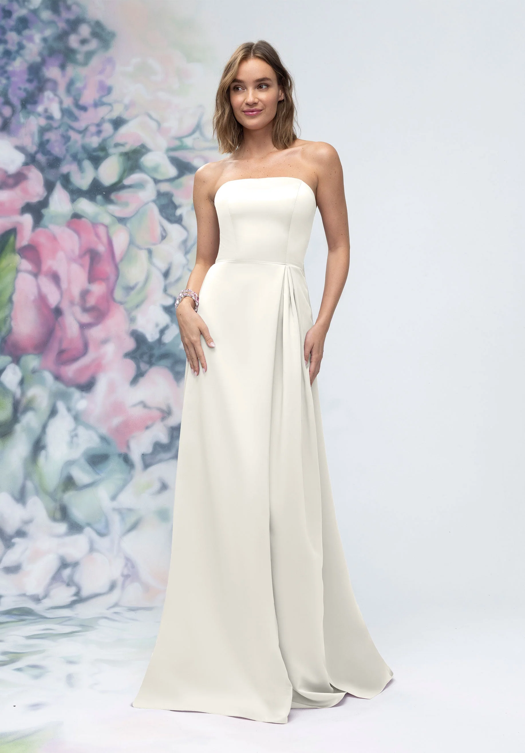Strapless Straight Neck Satin Bridesmaid Dress with Detachable Watteau Back - Image 34