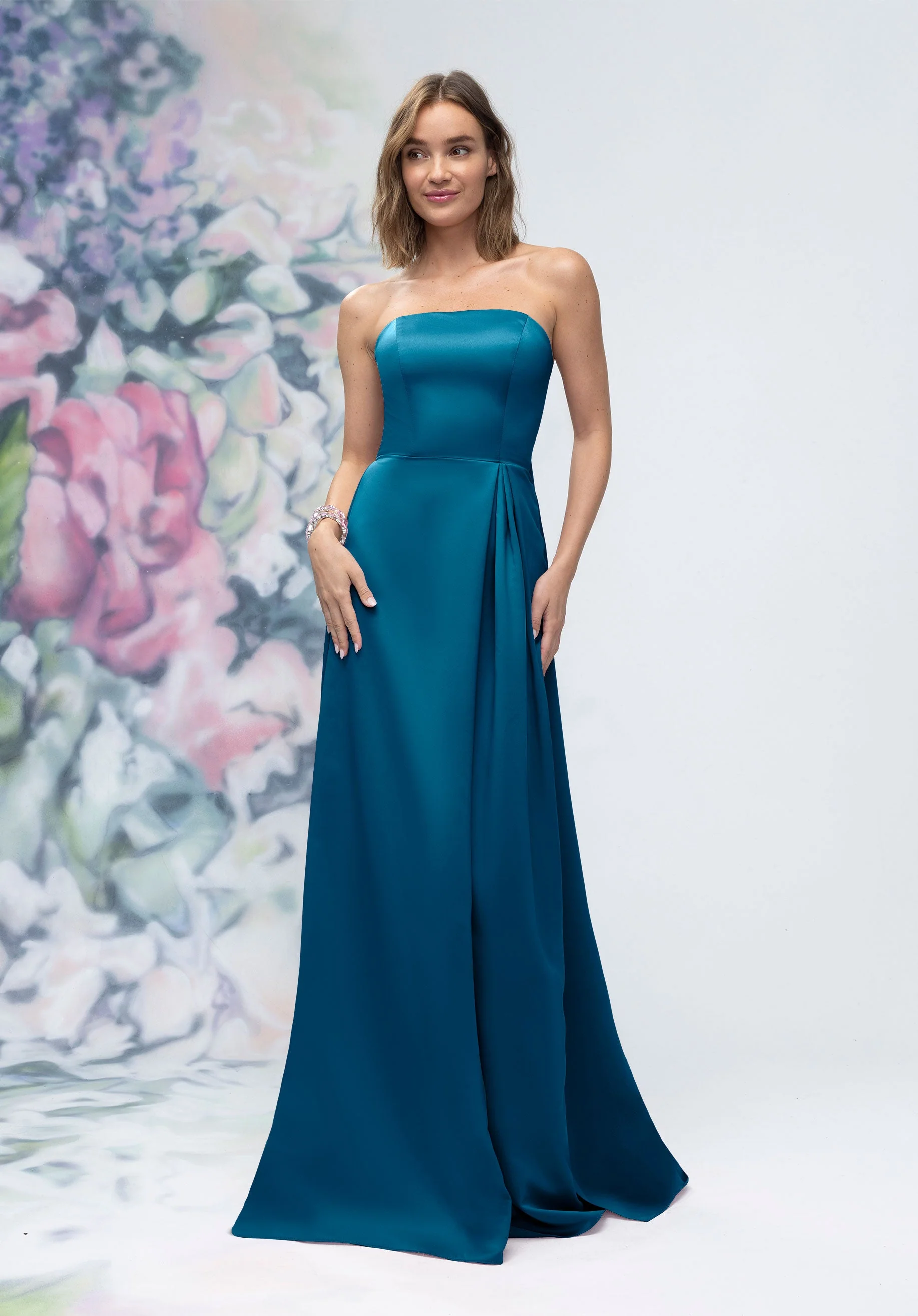 Strapless Straight Neck Satin Bridesmaid Dress with Detachable Watteau Back - Image 36