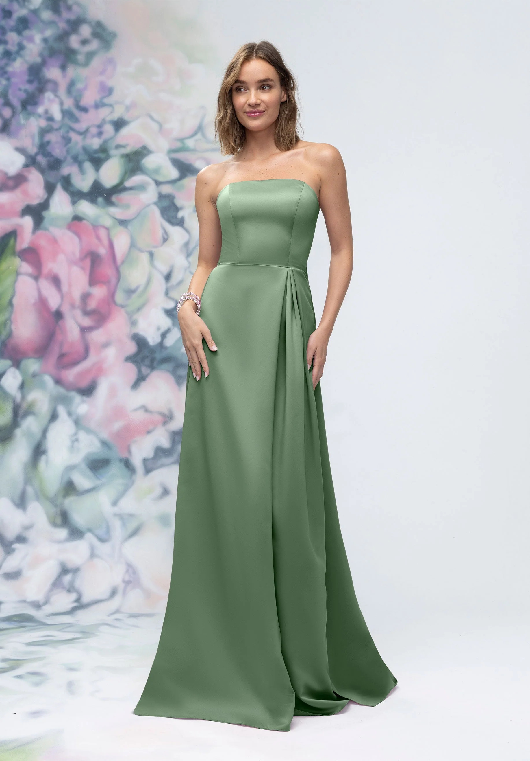 Strapless Straight Neck Satin Bridesmaid Dress with Detachable Watteau Back - Image 38