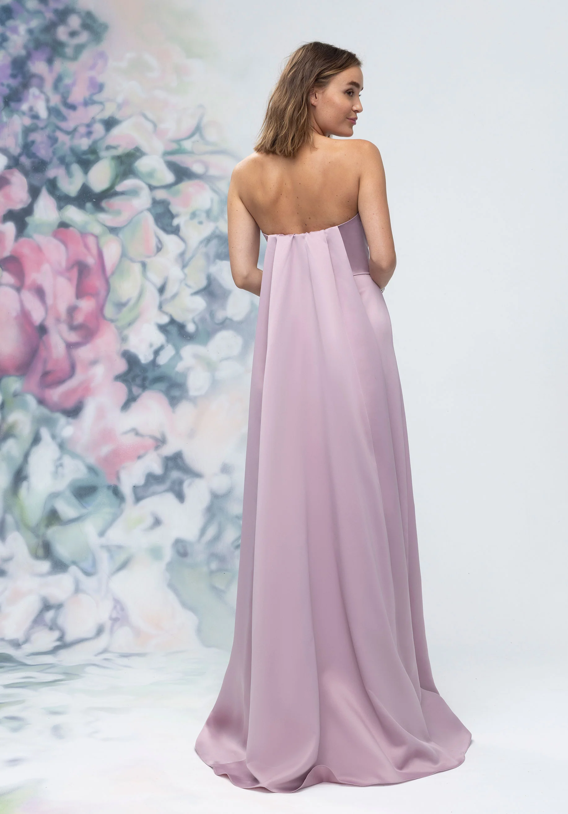Strapless Straight Neck Satin Bridesmaid Dress with Detachable Watteau Back - Image 4