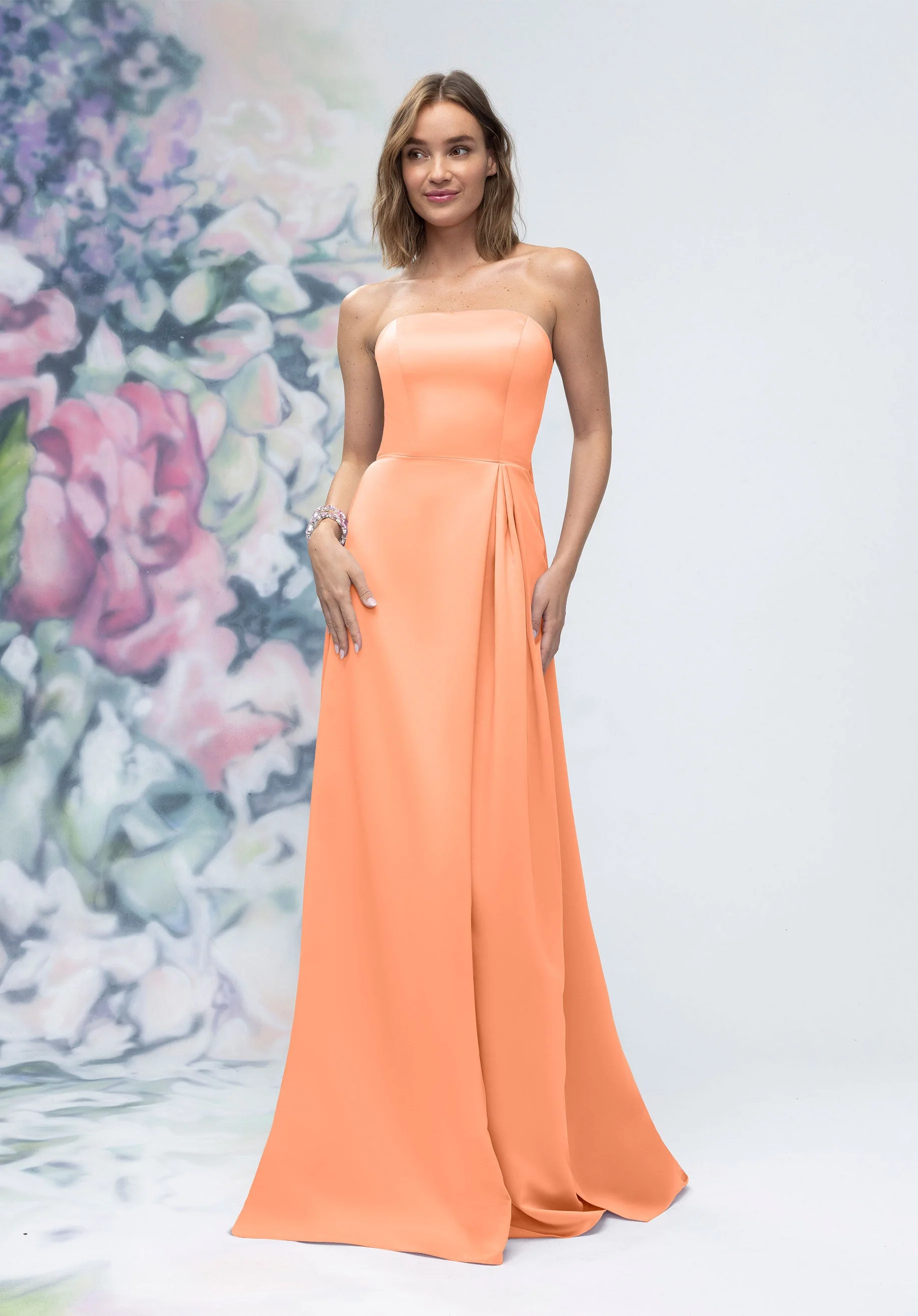 Strapless Straight Neck Satin Bridesmaid Dress with Detachable Watteau Back - Image 41