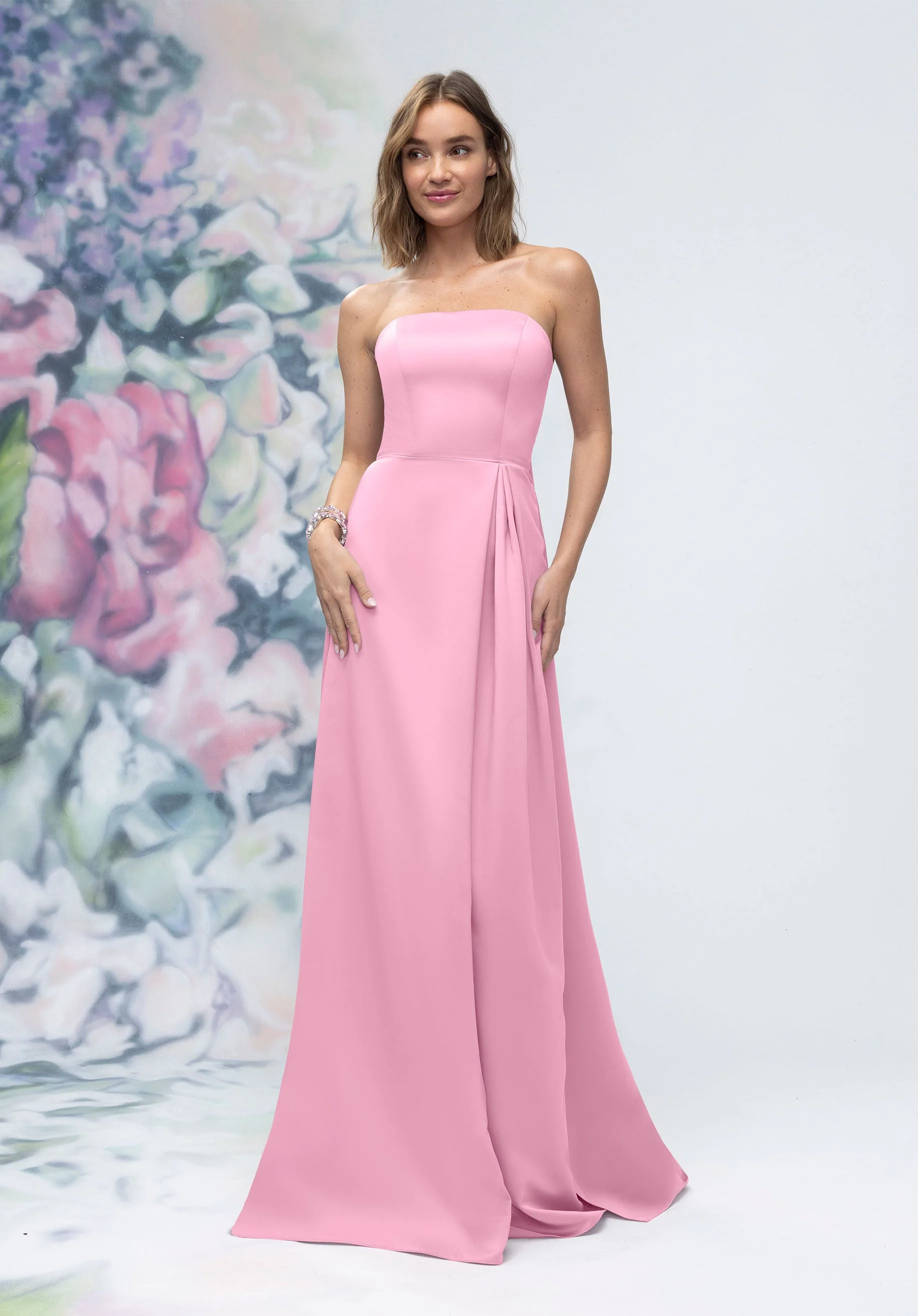 Strapless Straight Neck Satin Bridesmaid Dress with Detachable Watteau Back - Image 42