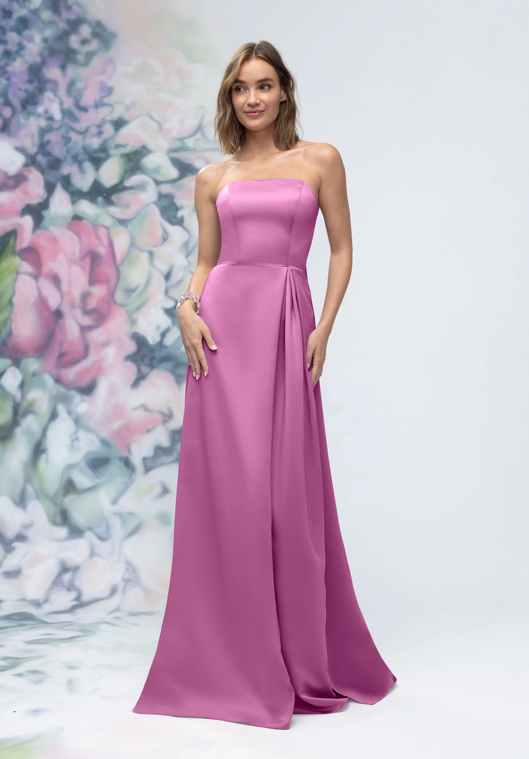 Strapless Straight Neck Satin Bridesmaid Dress with Detachable Watteau Back - Image 43