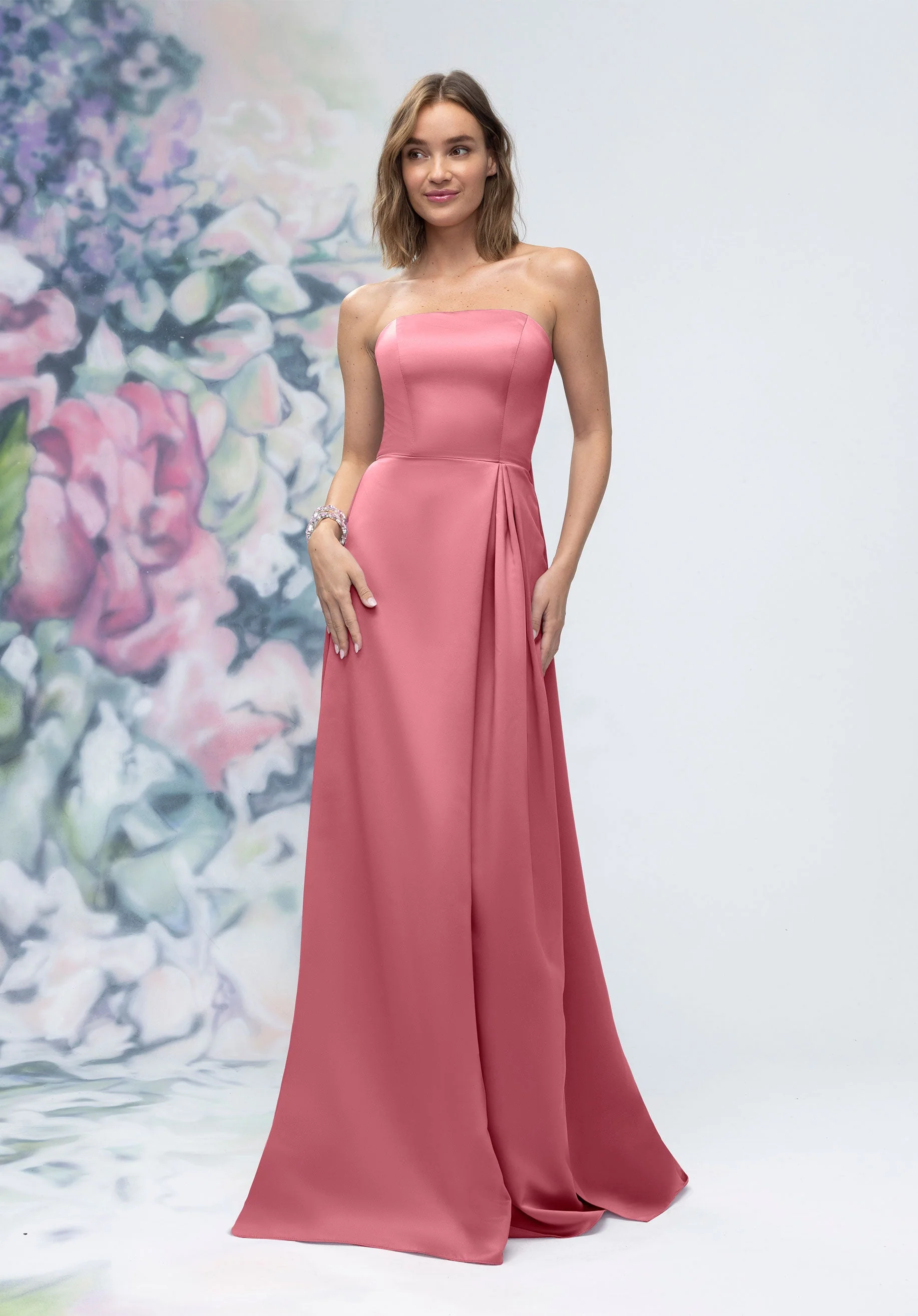 Strapless Straight Neck Satin Bridesmaid Dress with Detachable Watteau Back - Image 44