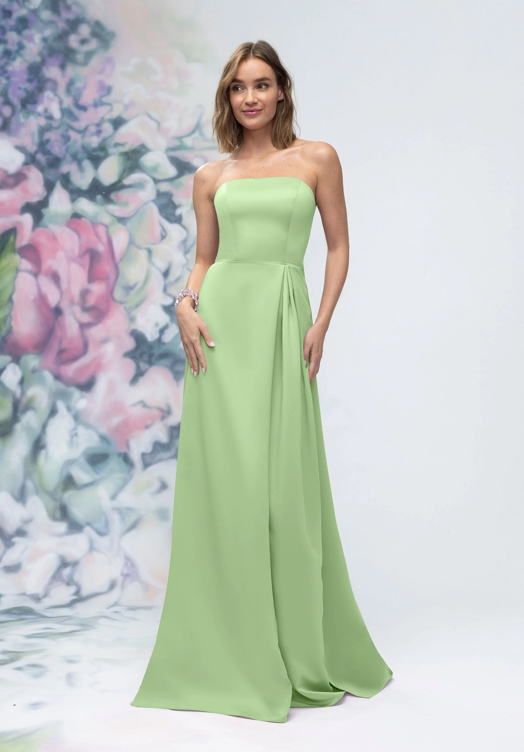 Strapless Straight Neck Satin Bridesmaid Dress with Detachable Watteau Back - Image 45