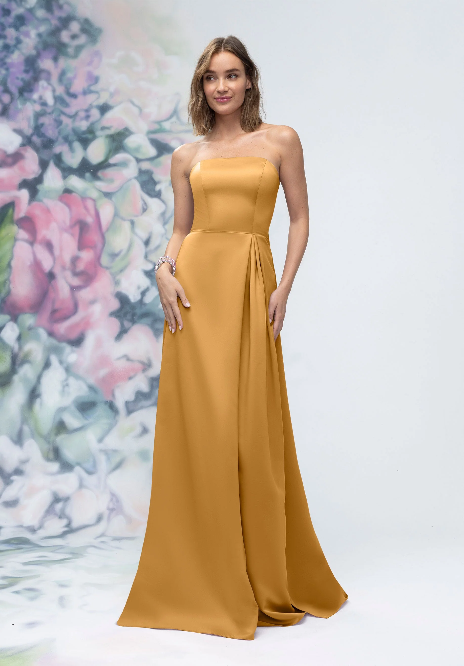 Strapless Straight Neck Satin Bridesmaid Dress with Detachable Watteau Back - Image 46
