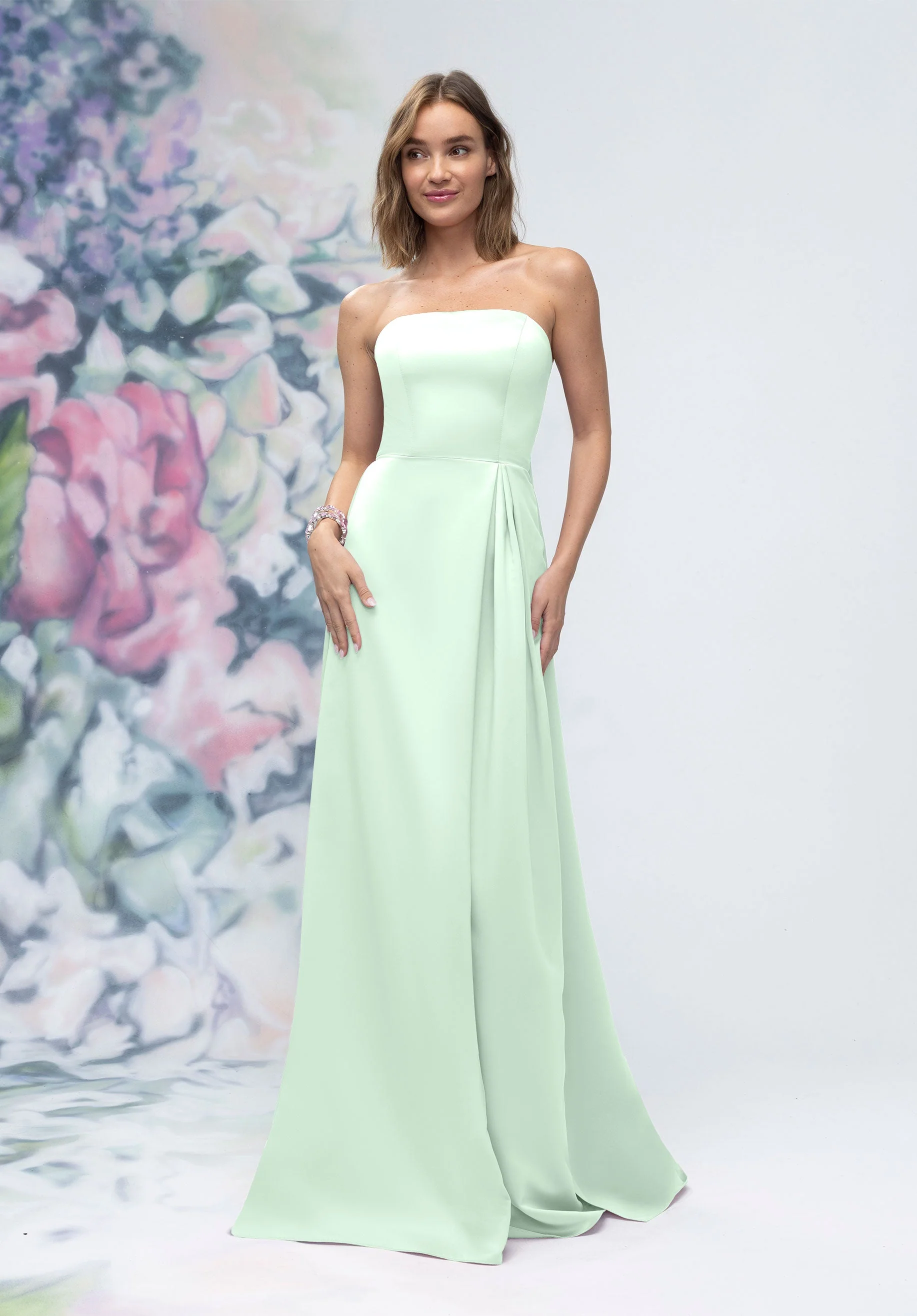 Strapless Straight Neck Satin Bridesmaid Dress with Detachable Watteau Back - Image 48