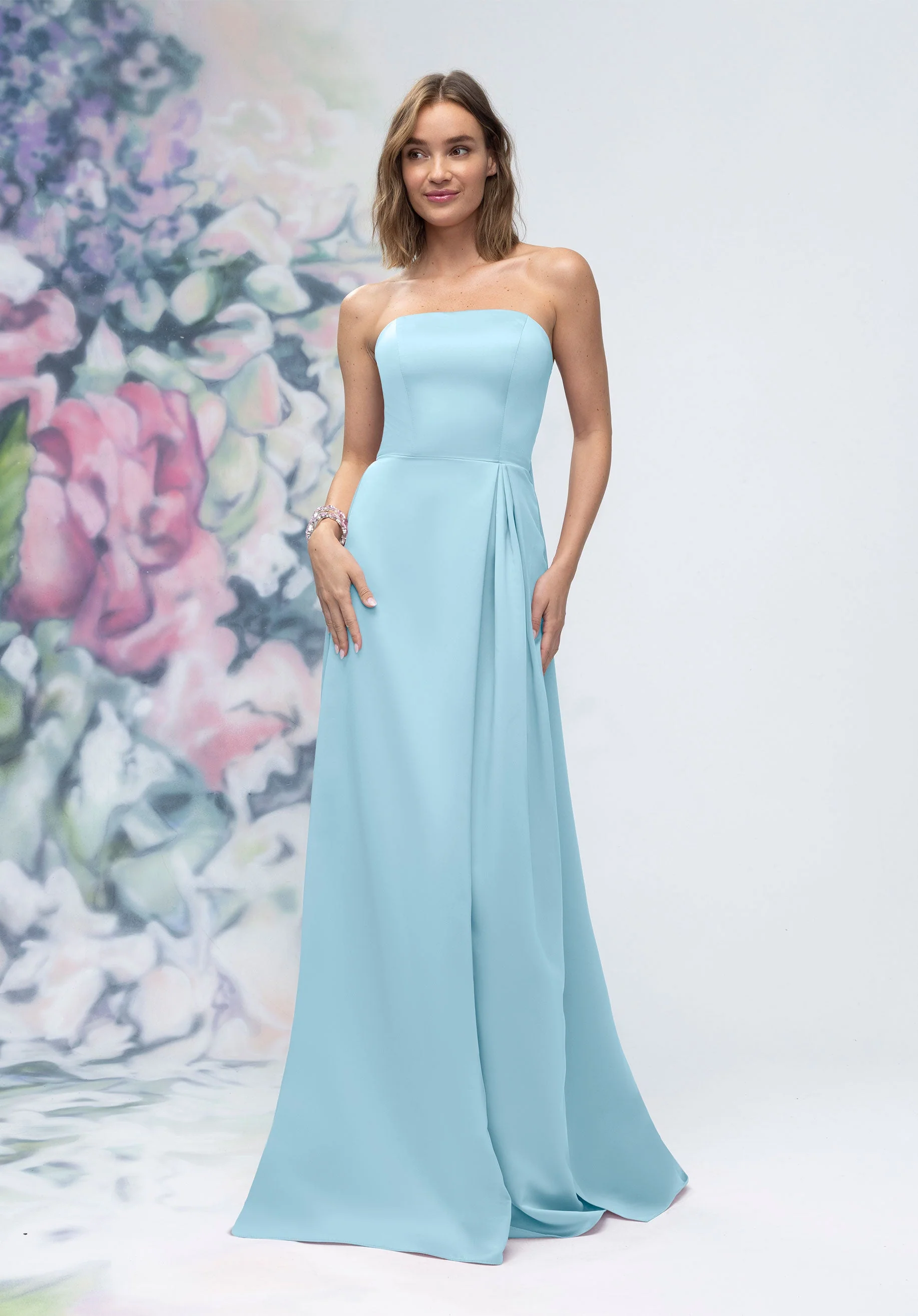 Strapless Straight Neck Satin Bridesmaid Dress with Detachable Watteau Back - Image 50