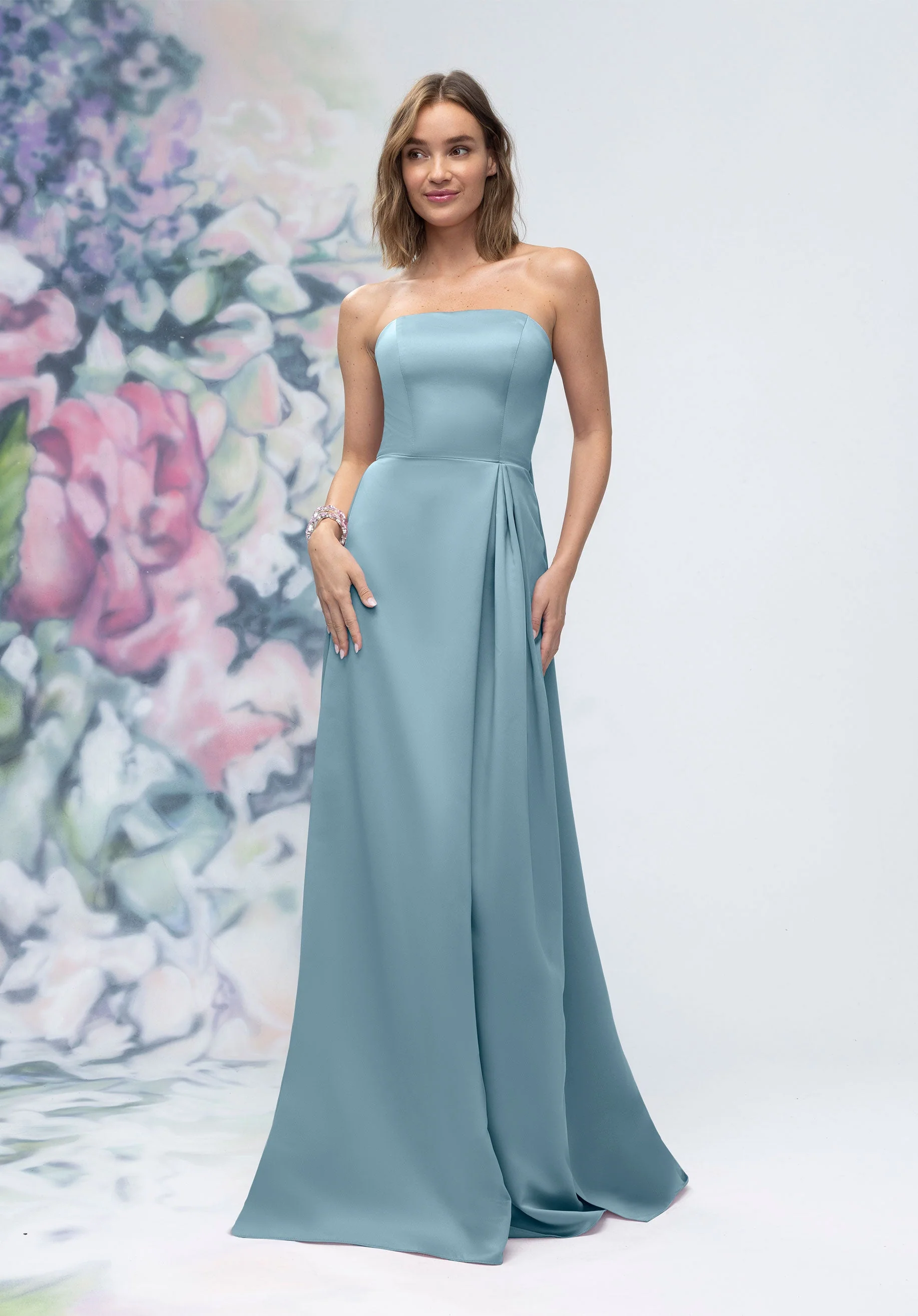 Strapless Straight Neck Satin Bridesmaid Dress with Detachable Watteau Back - Image 51
