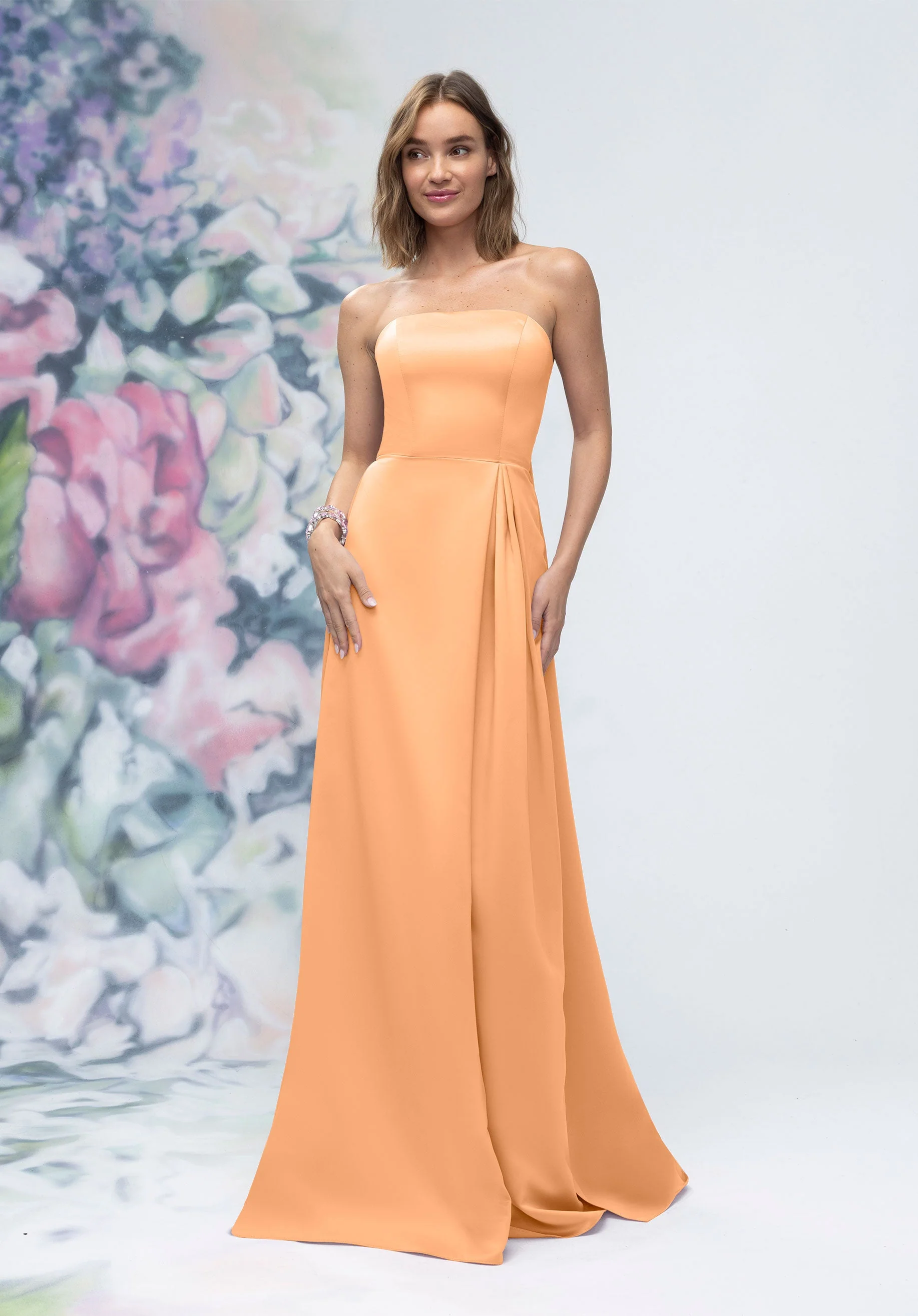 Strapless Straight Neck Satin Bridesmaid Dress with Detachable Watteau Back - Image 52