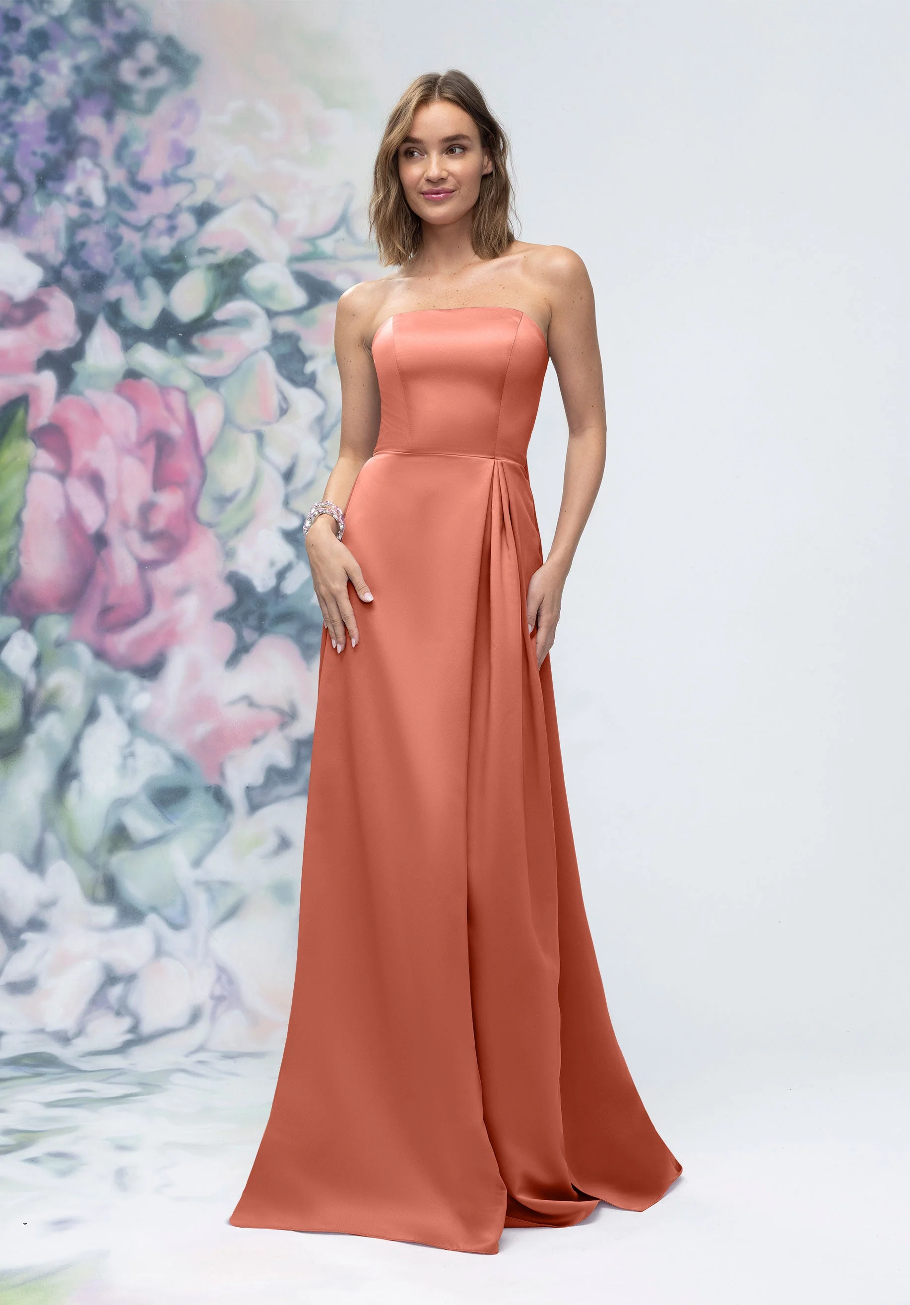 Strapless Straight Neck Satin Bridesmaid Dress with Detachable Watteau Back - Image 53