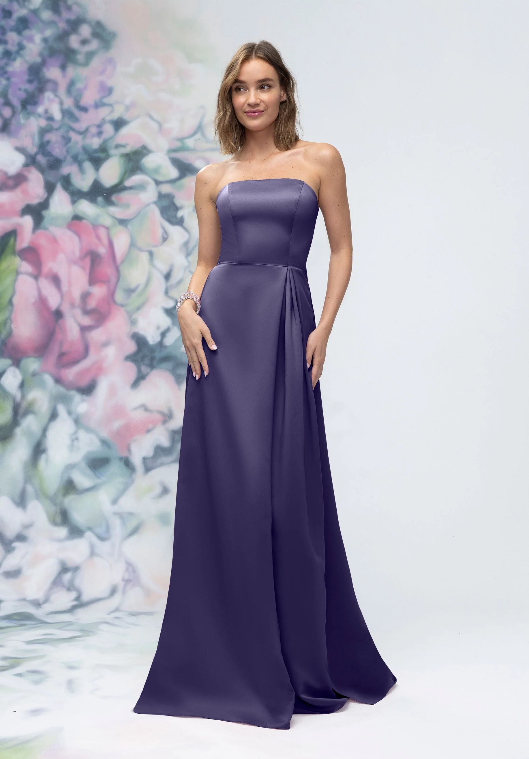 Strapless Straight Neck Satin Bridesmaid Dress with Detachable Watteau Back - Image 54