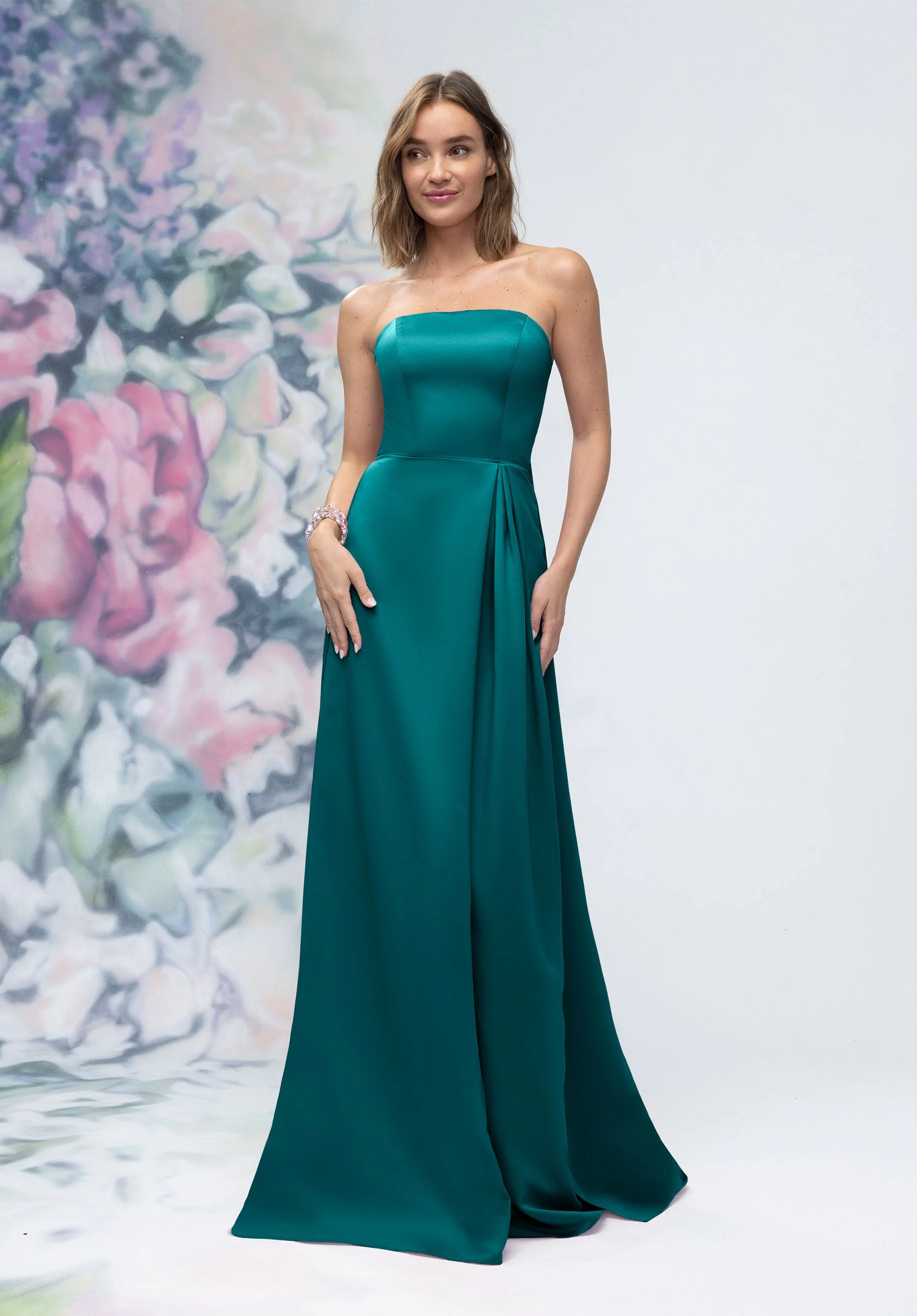 Strapless Straight Neck Satin Bridesmaid Dress with Detachable Watteau Back - Image 55