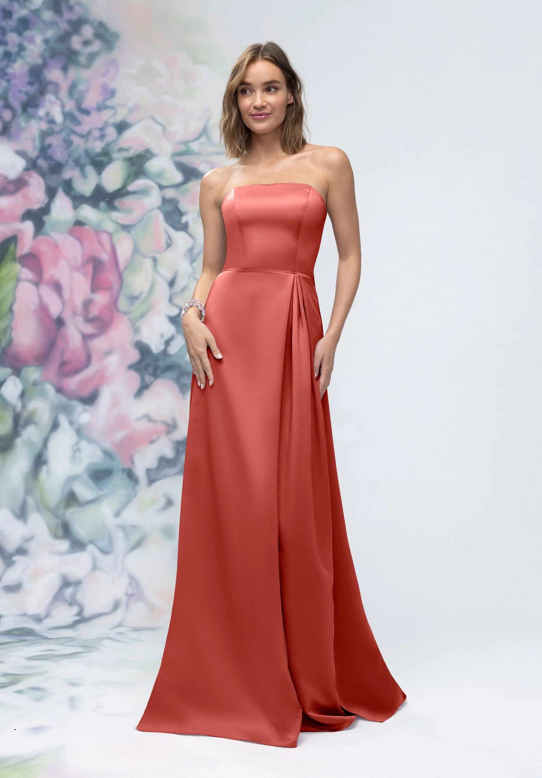 Strapless Straight Neck Satin Bridesmaid Dress with Detachable Watteau Back - Image 56