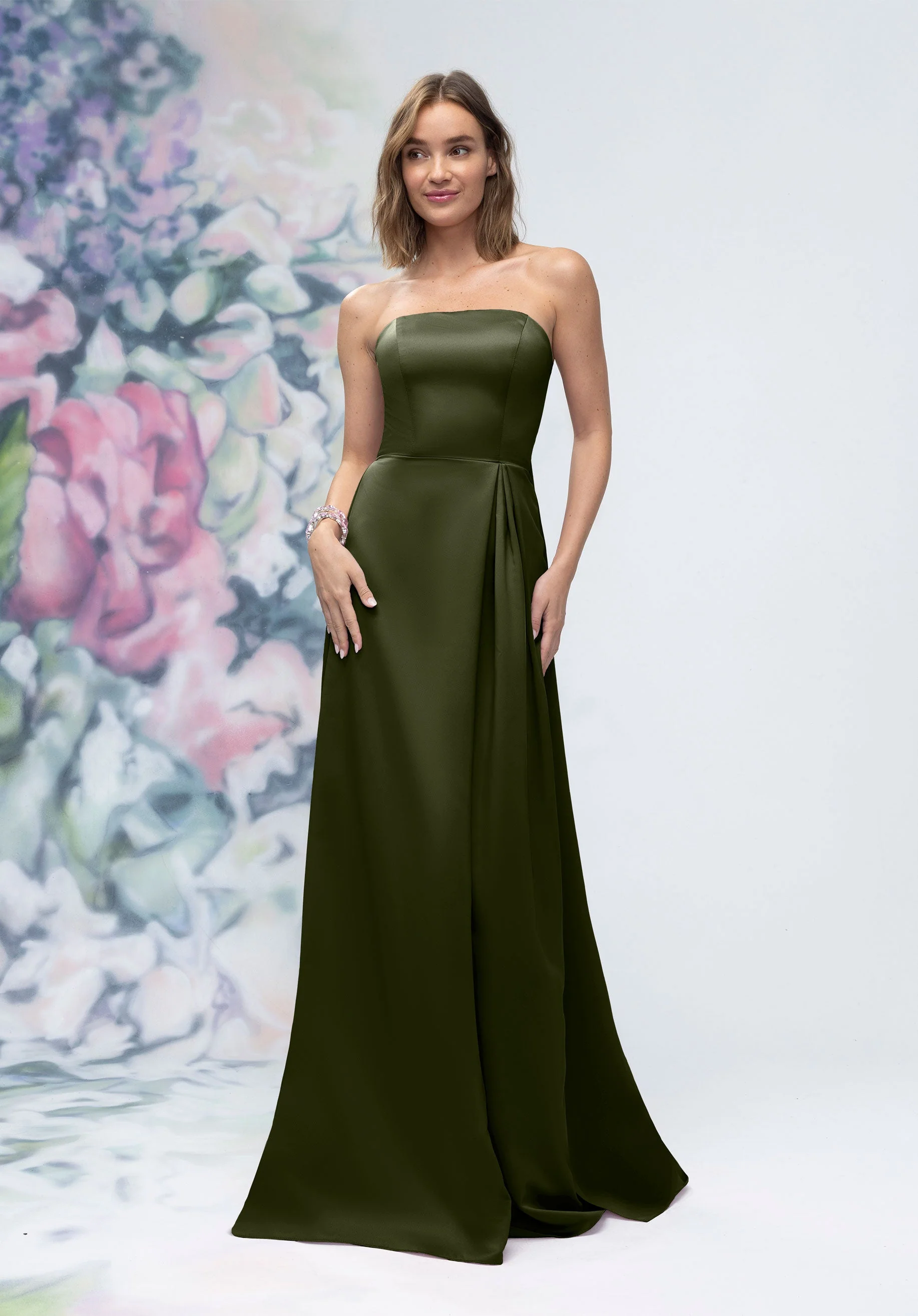Strapless Straight Neck Satin Bridesmaid Dress with Detachable Watteau Back - Image 57