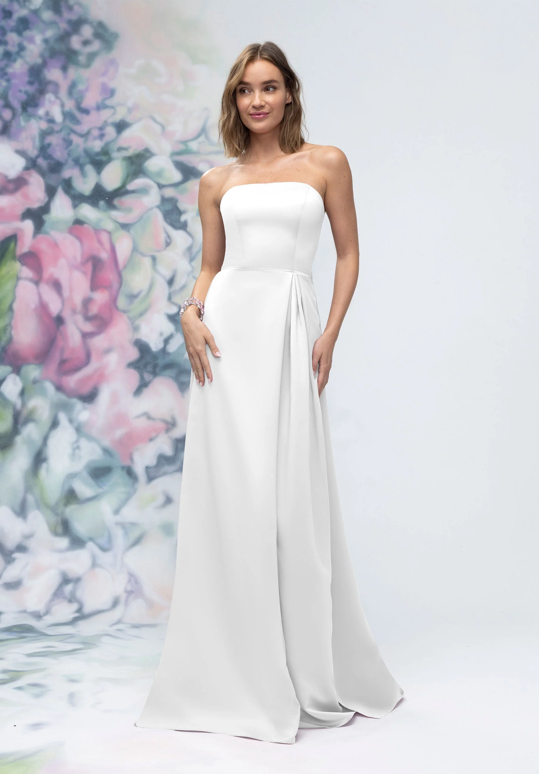 Strapless Straight Neck Satin Bridesmaid Dress with Detachable Watteau Back - Image 59