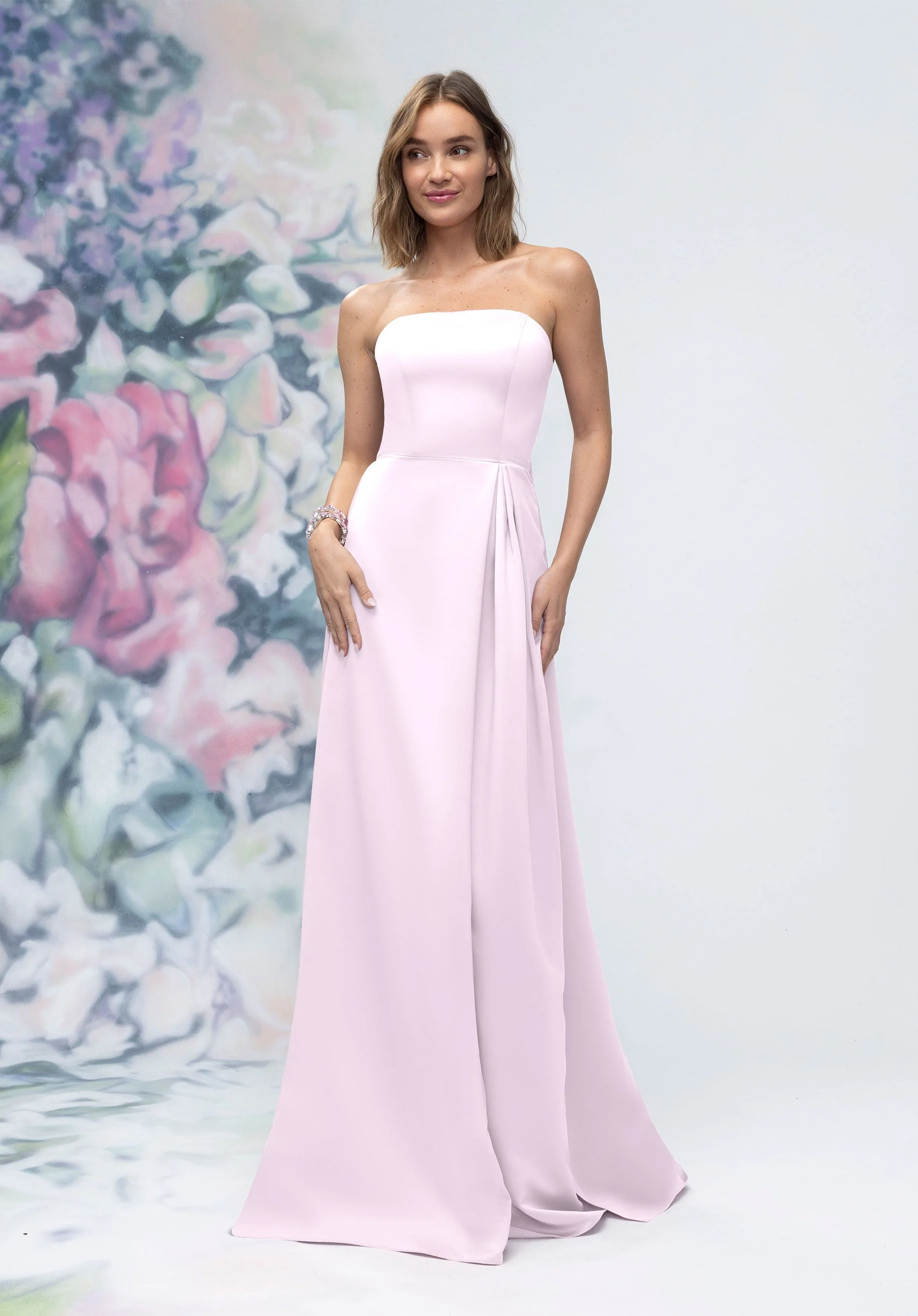 Strapless Straight Neck Satin Bridesmaid Dress with Detachable Watteau Back - Image 60