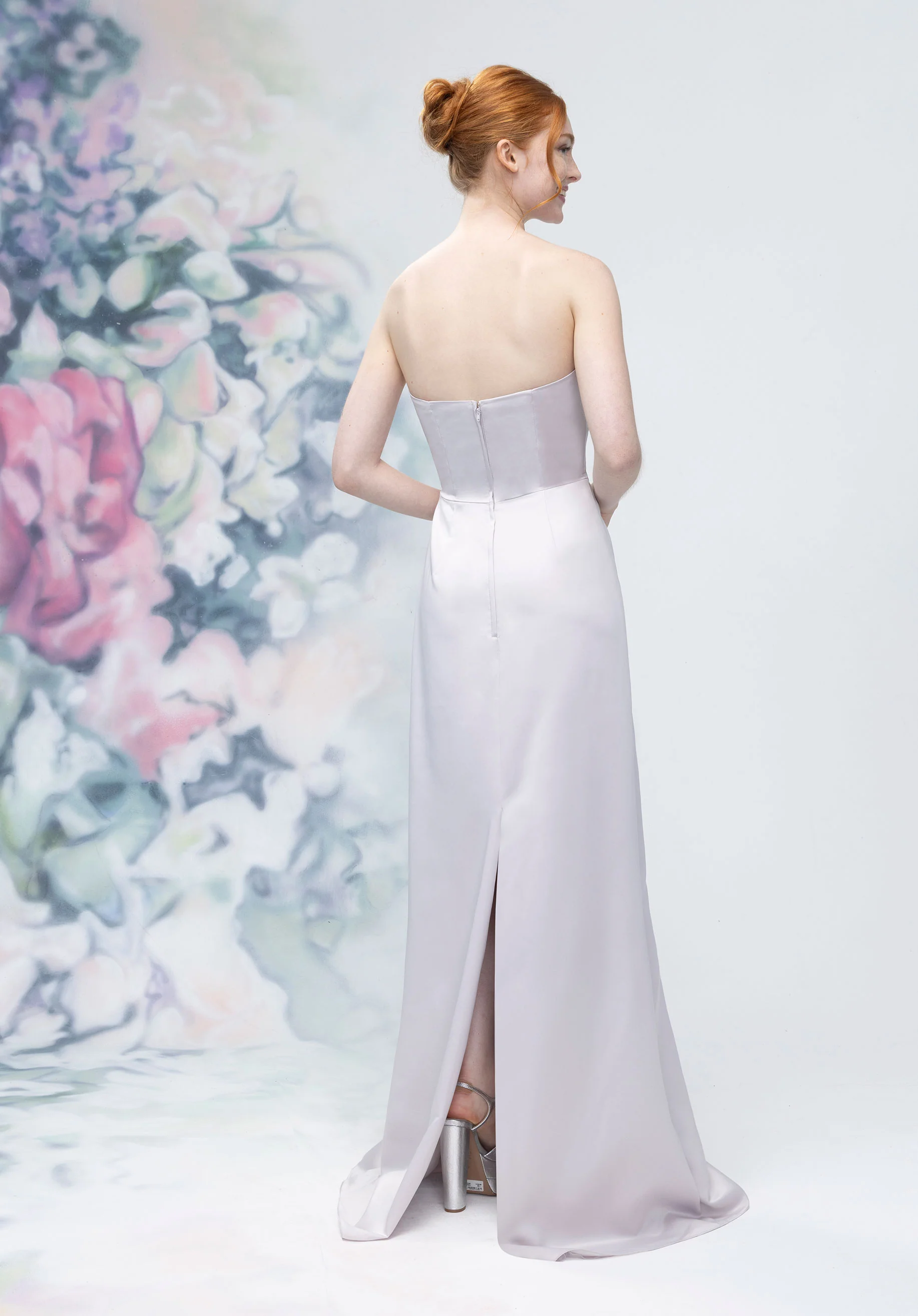Strapless Straight Neck Satin Bridesmaid Dress with Detachable Watteau Back - Image 7