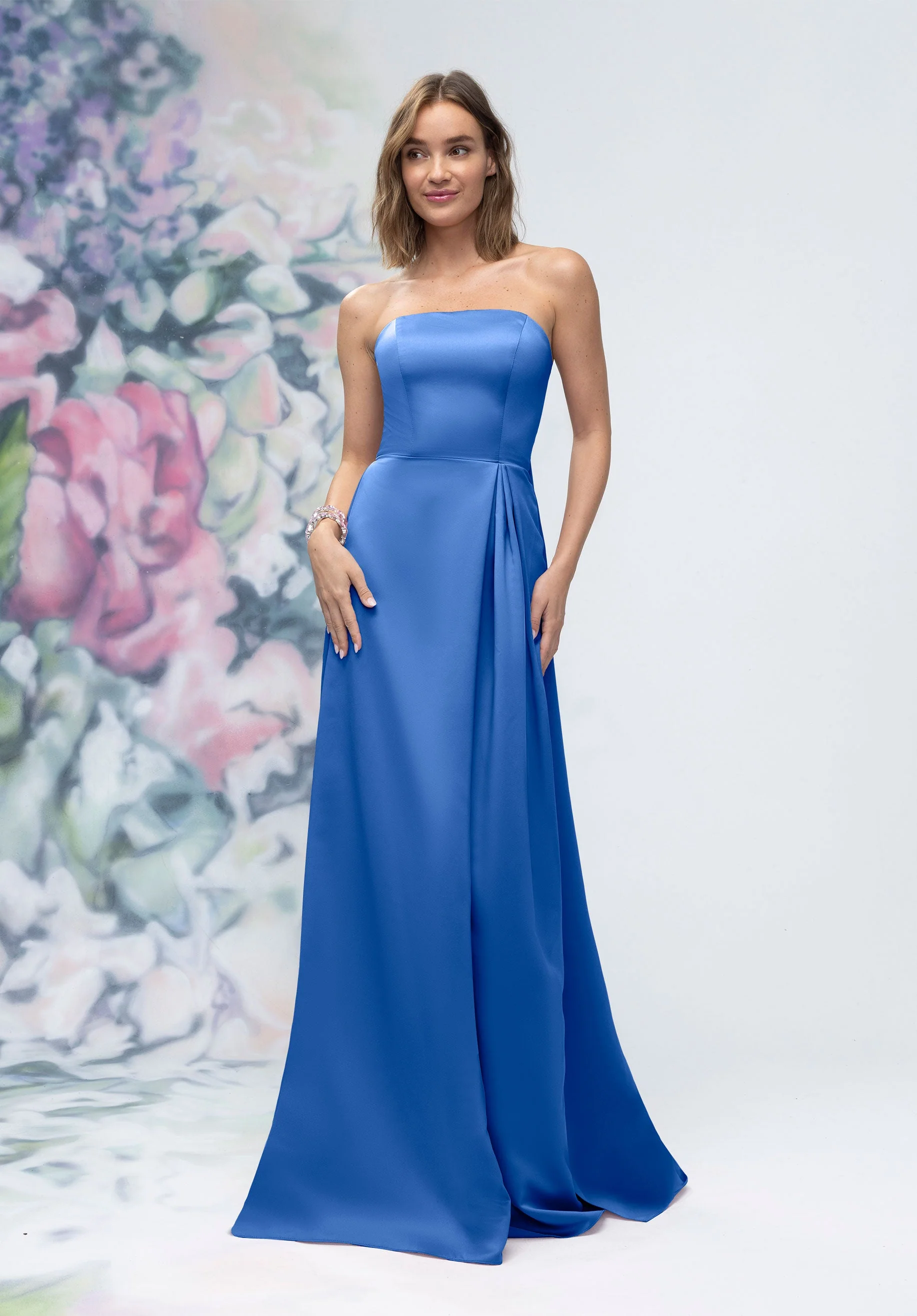 Strapless Straight Neck Satin Bridesmaid Dress with Detachable Watteau Back - Image 9