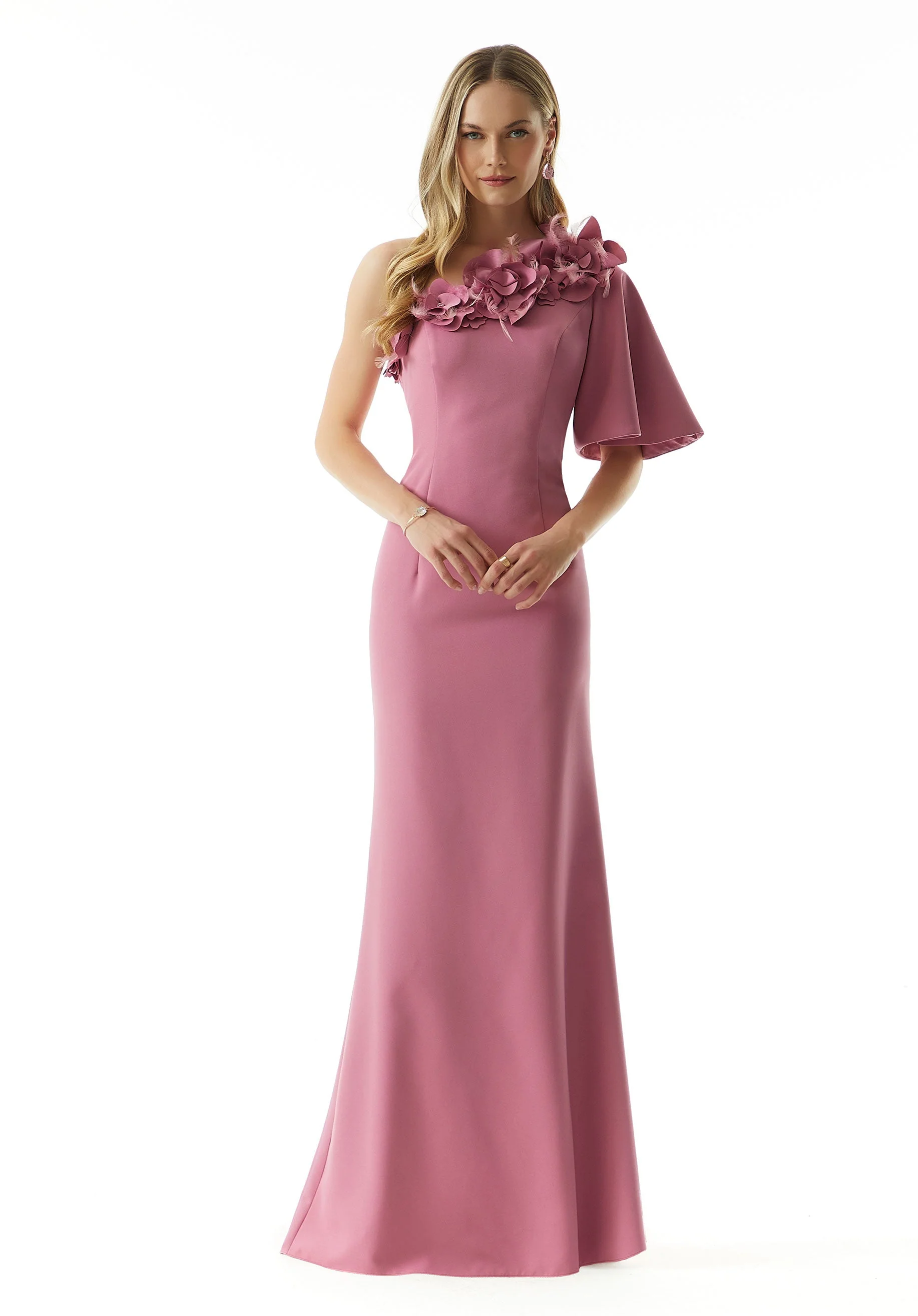 Stretch Crepe Evening Gown with Asymmetric Neckline and 3D Flowers - Image 3
