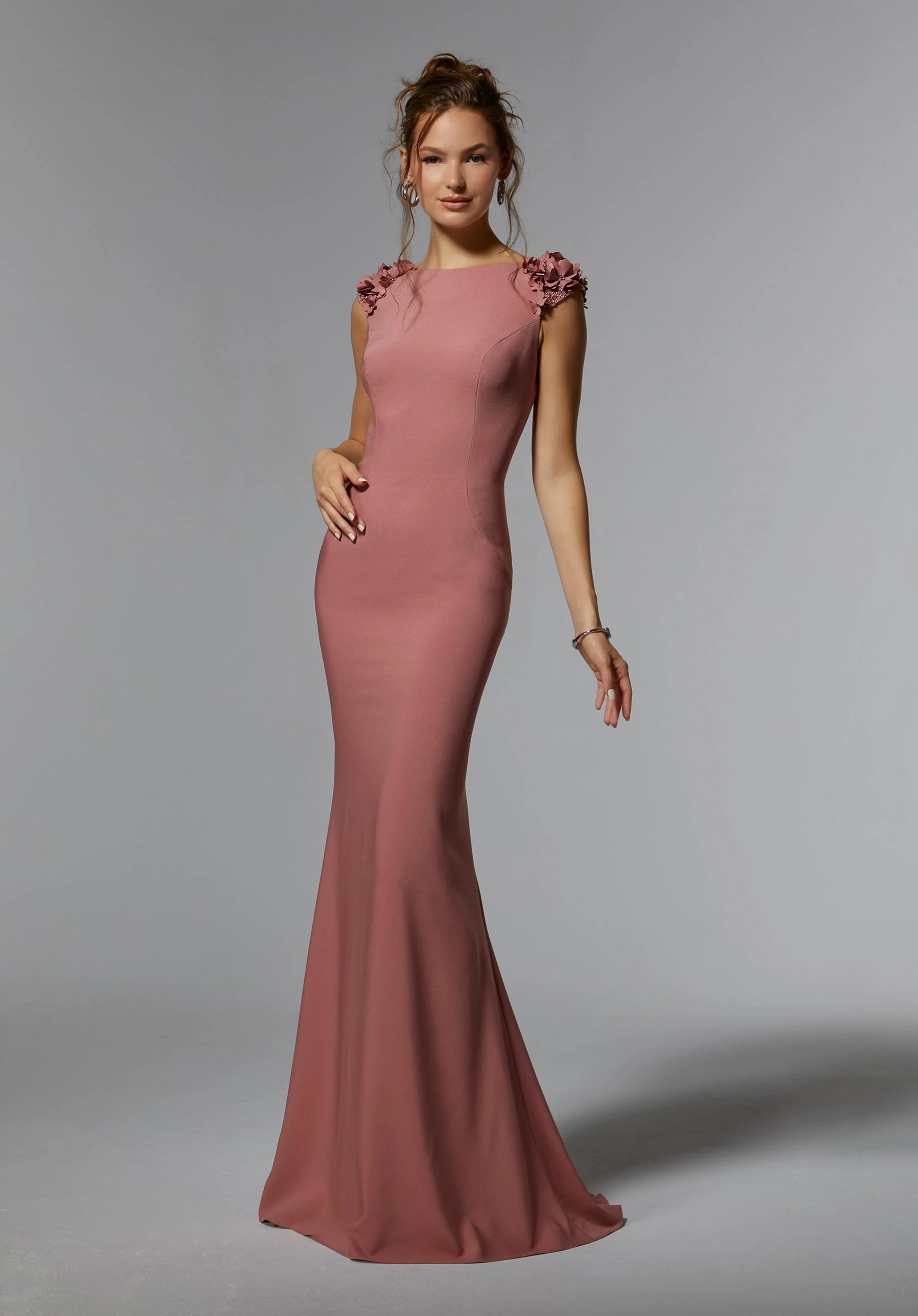 Stretch Crepe Evening Gown with Three-Dimensional Florals and Cowl Back - Image 3