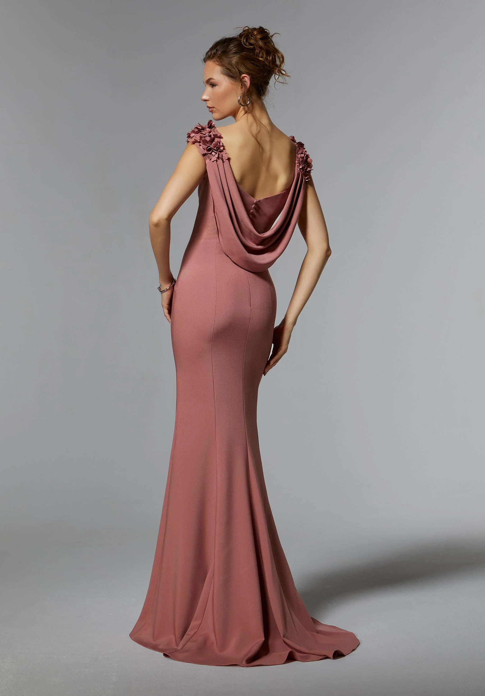 Stretch Crepe Evening Gown with Three-Dimensional Florals and Cowl Back - Image 5