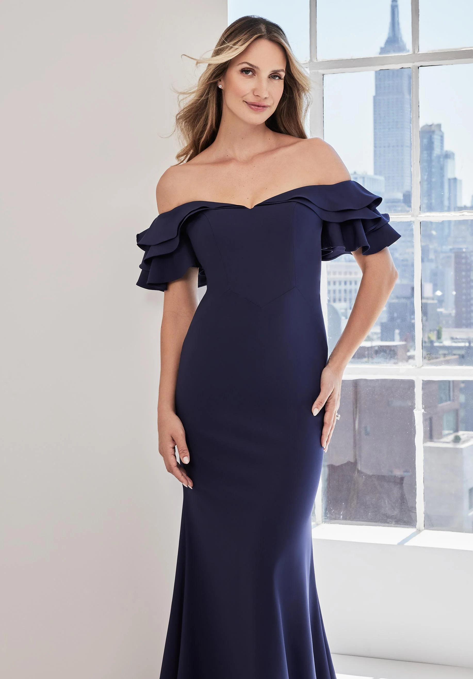 Stretch Crepe Evening Gown with Tiered Ruffle Sleeves - Image 3