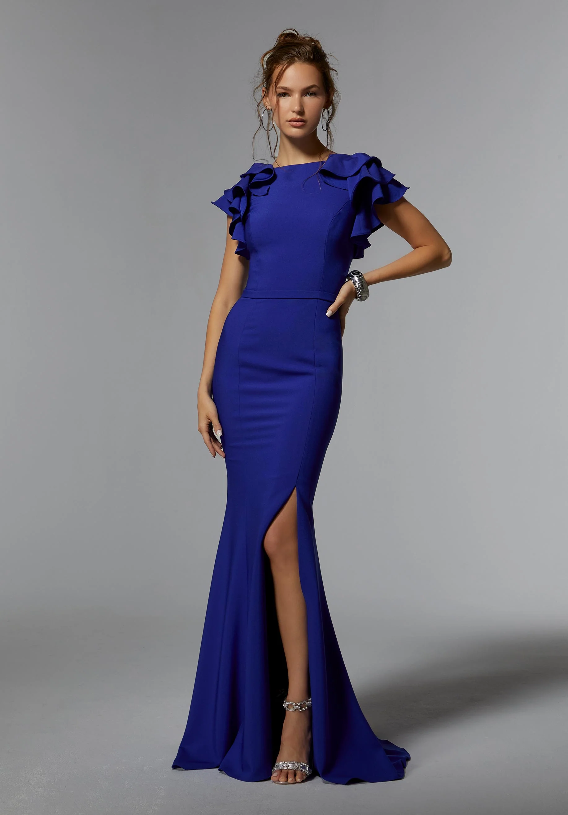 Stretch Crepe Fit and Flare Evening Gown with Flounced Sleeves - Image 3
