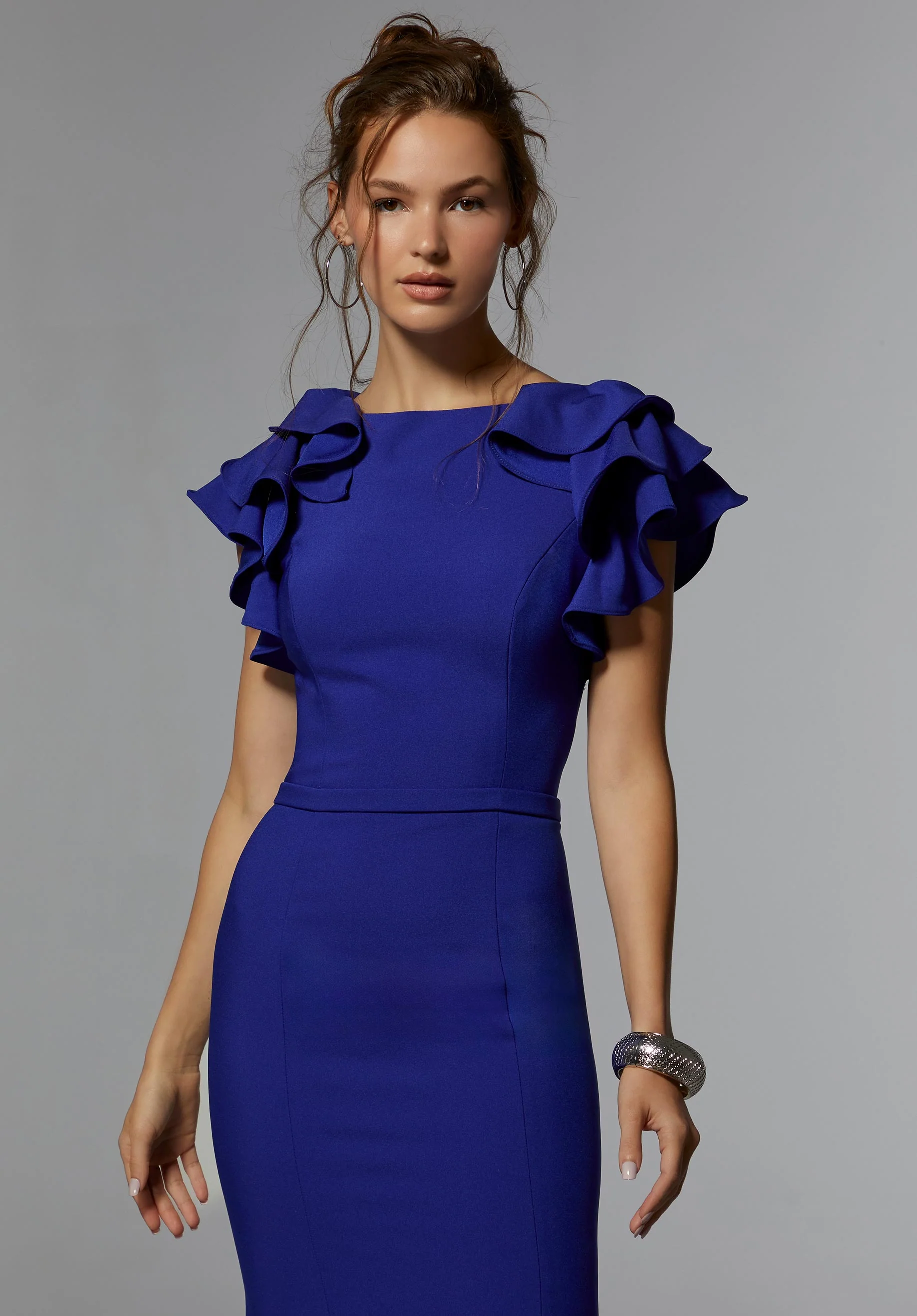 Stretch Crepe Fit and Flare Evening Gown with Flounced Sleeves - Image 4