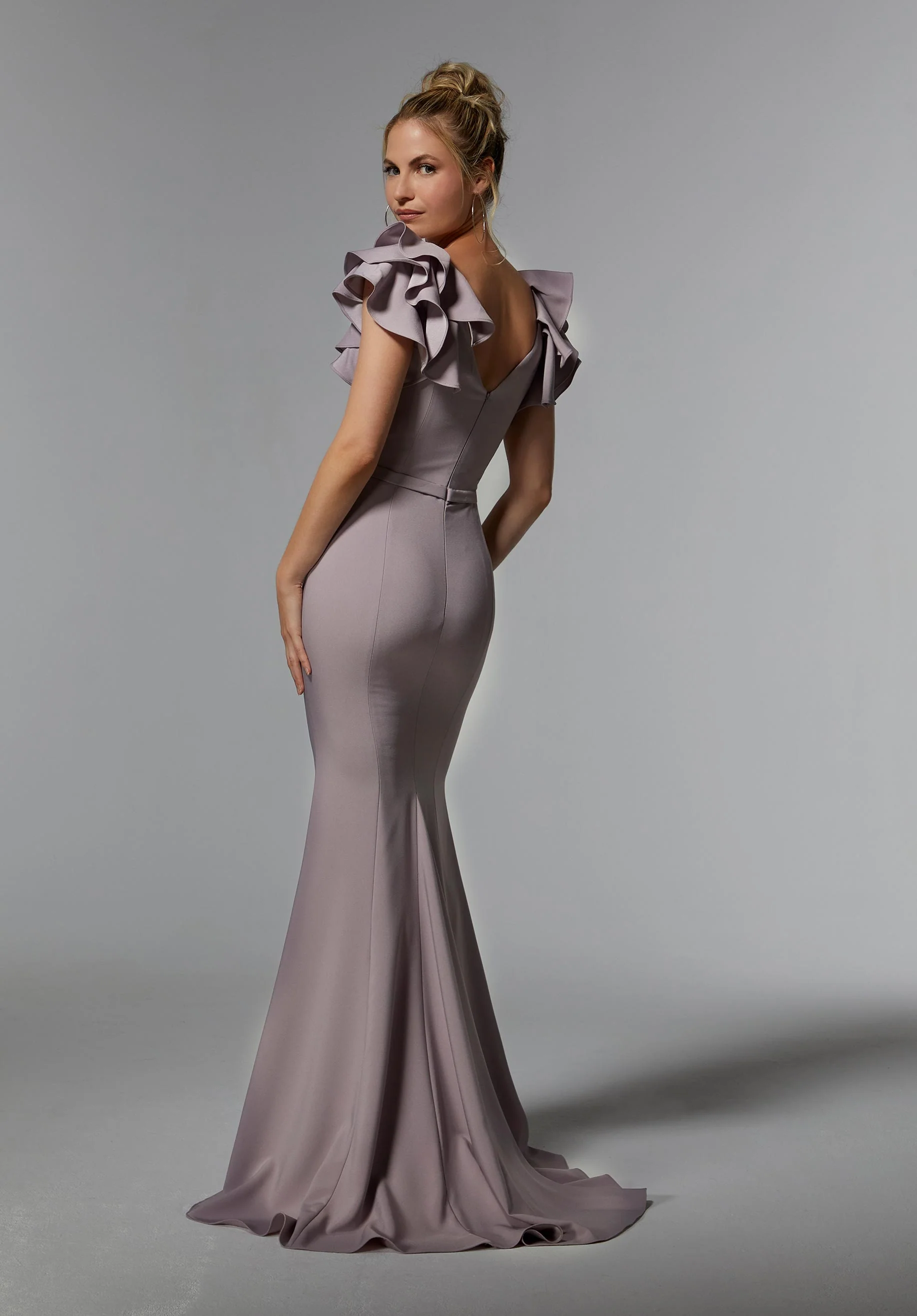 Stretch Crepe Fit and Flare Evening Gown with Flounced Sleeves - Image 5