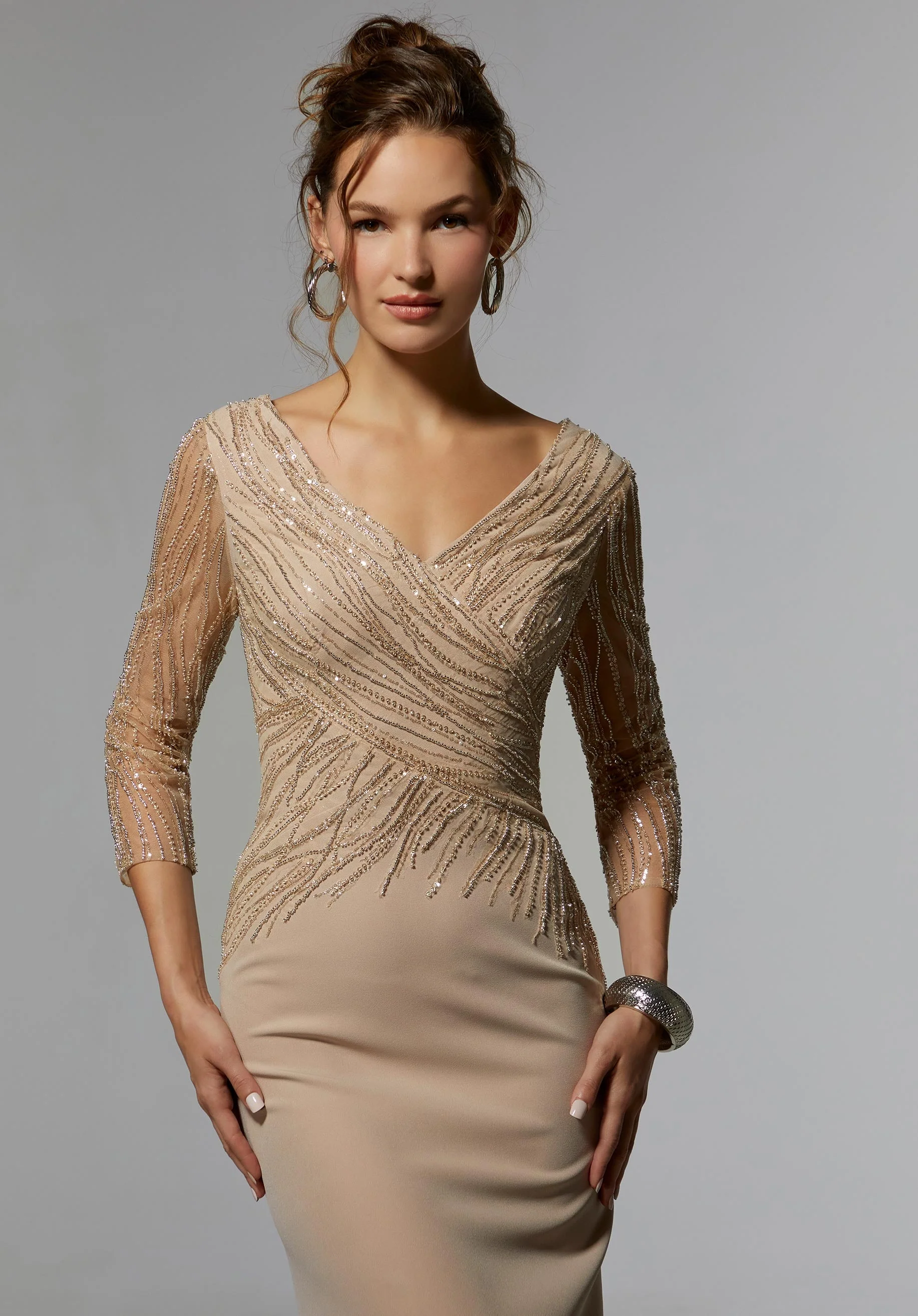 Stretch Crepe Sheath Evening Gown with Crystal Beading - Image 10