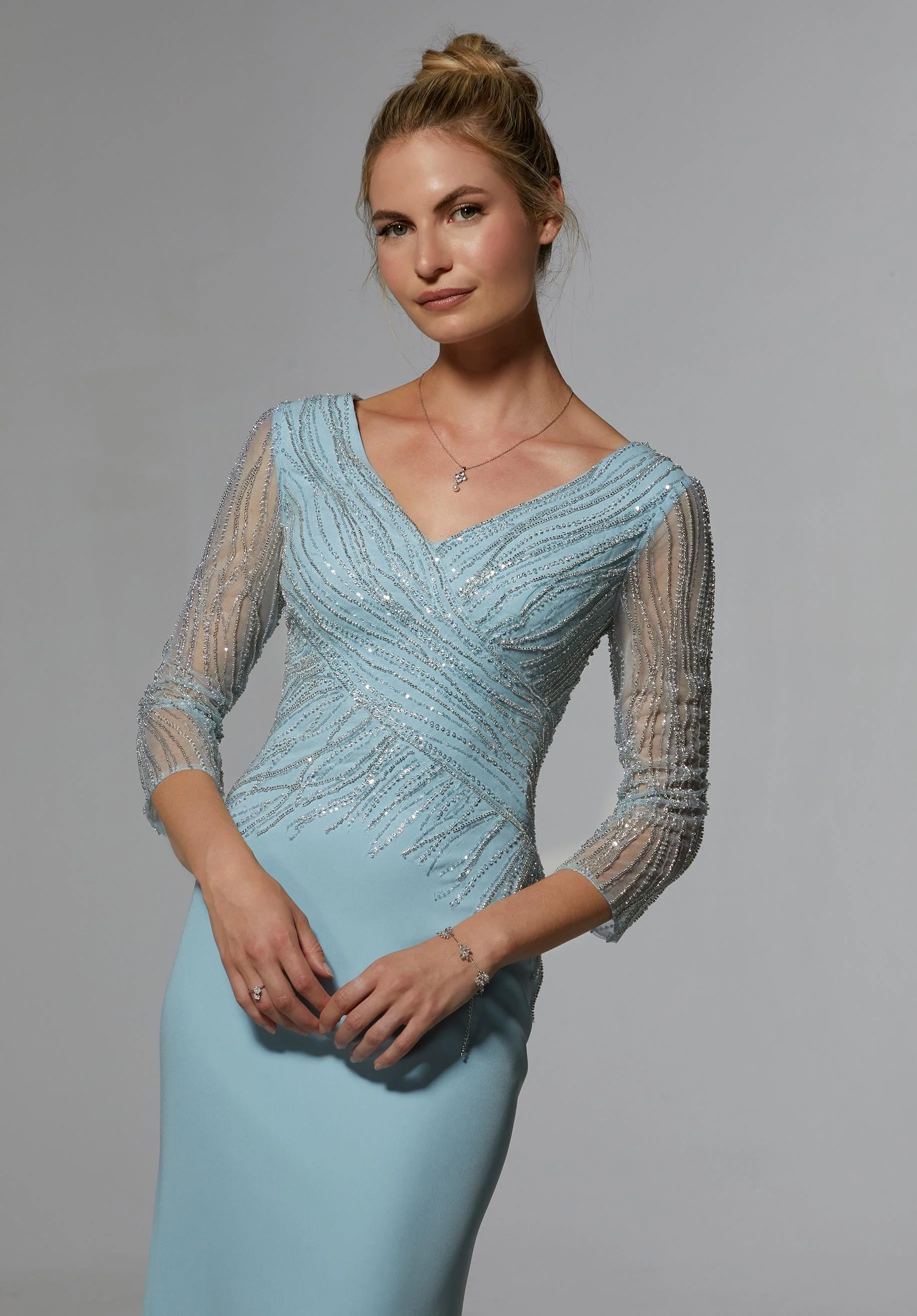 Stretch Crepe Sheath Evening Gown with Crystal Beading - Image 8