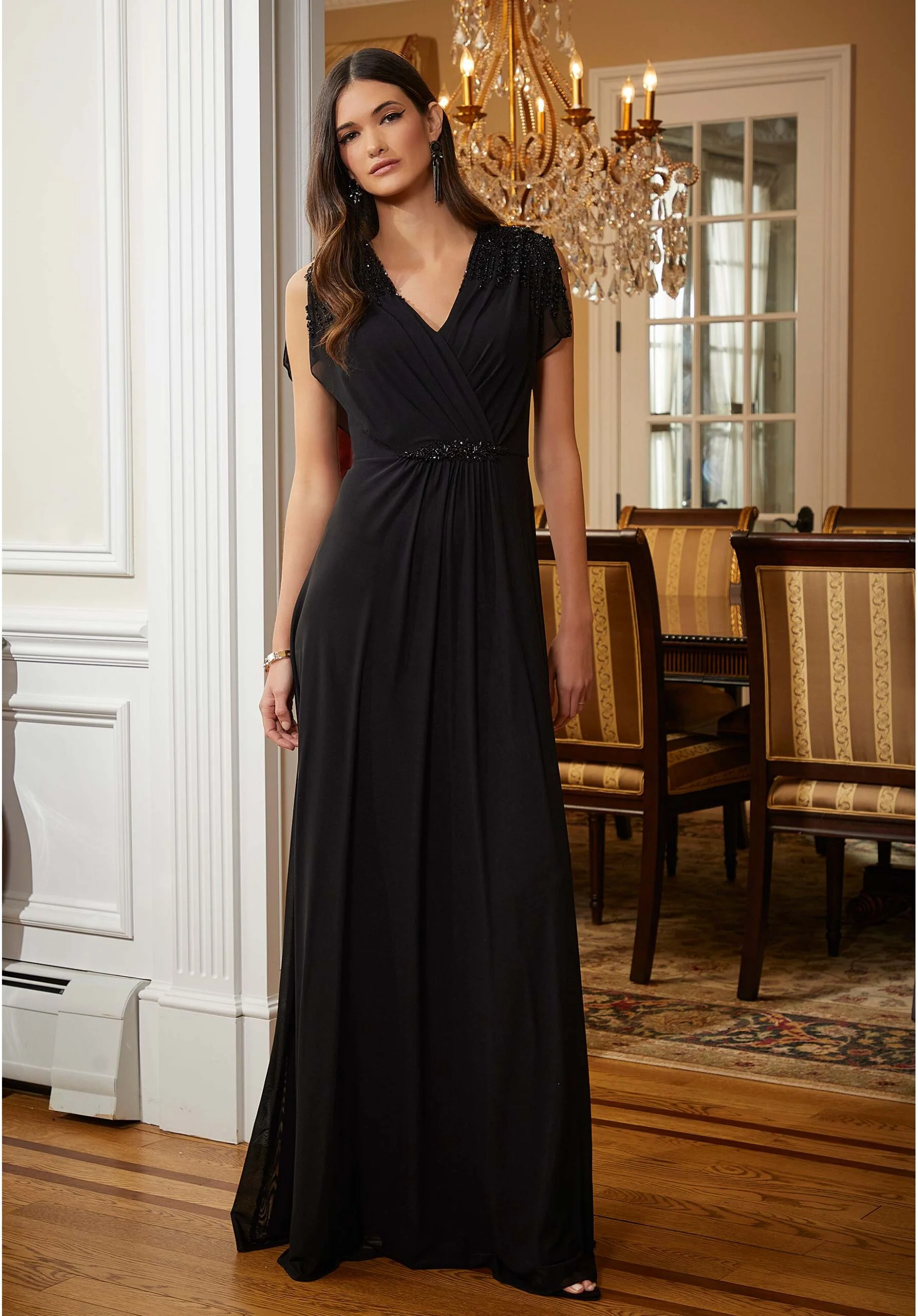 Stretch Mesh Evening Gown with Beaded Accents