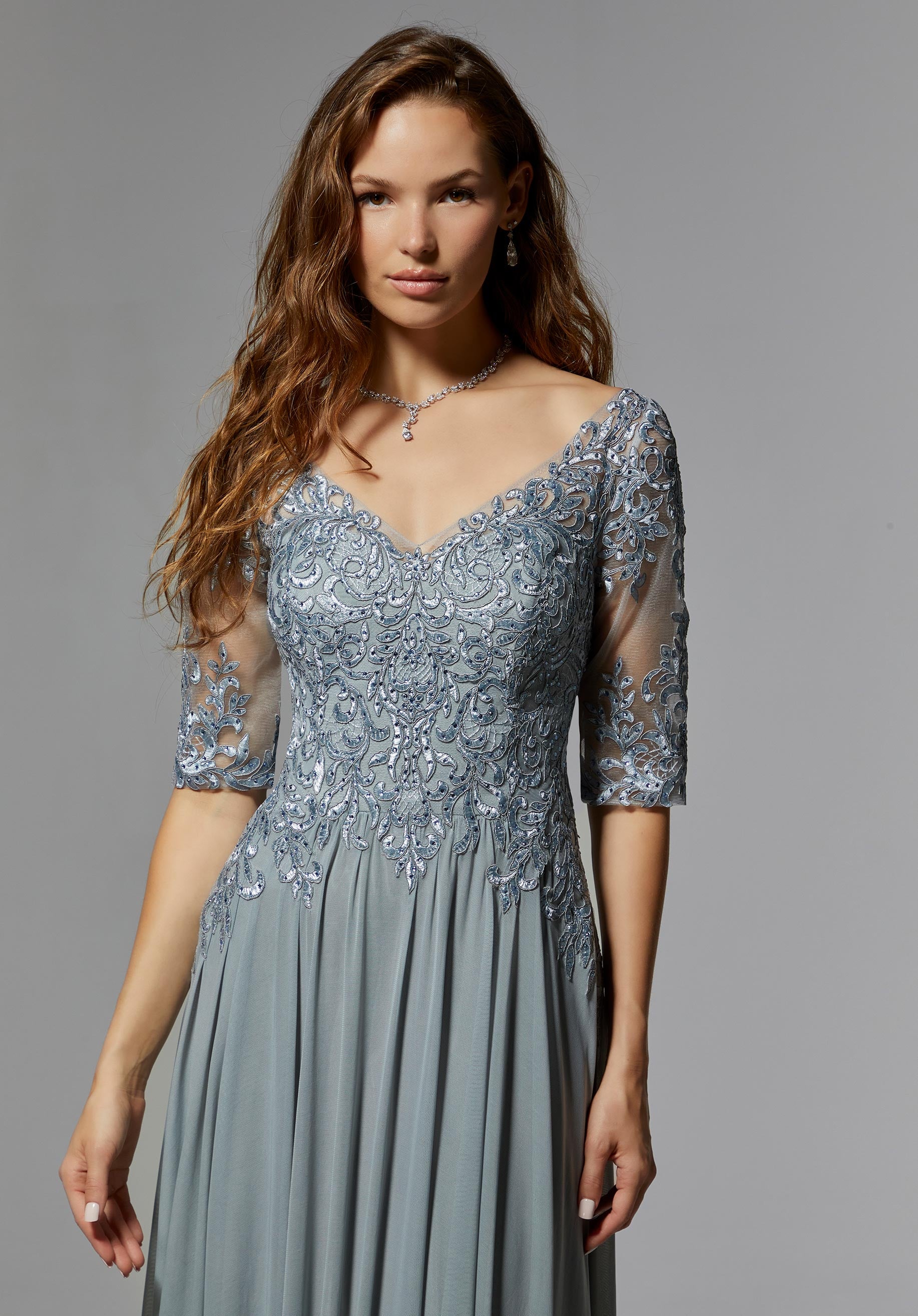 Stretch Mesh Special Occasion Dress with Beaded, Metallic Lace Appliqués - Image 2