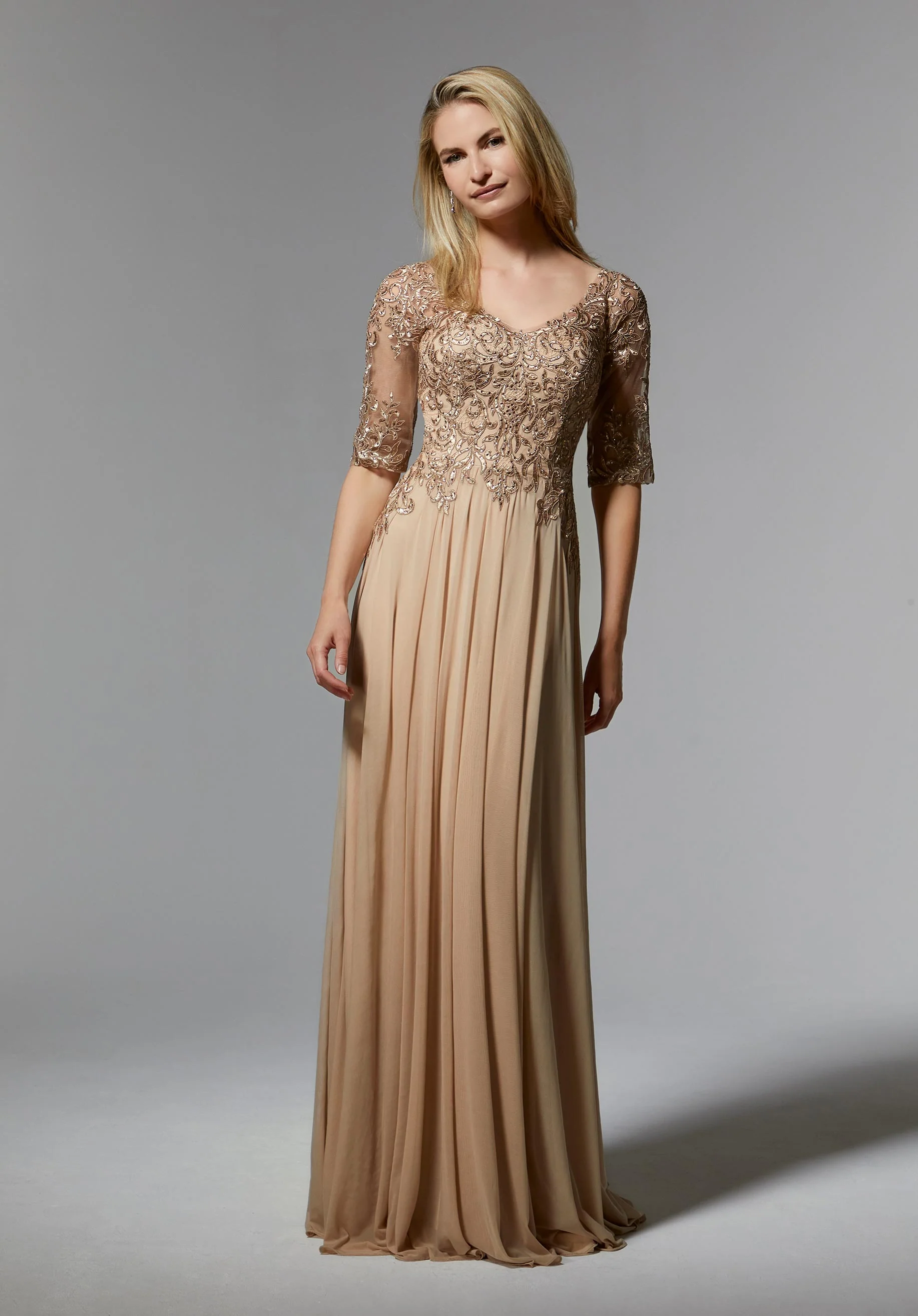 Stretch Mesh Special Occasion Dress with Beaded, Metallic Lace Appliqués - Image 3