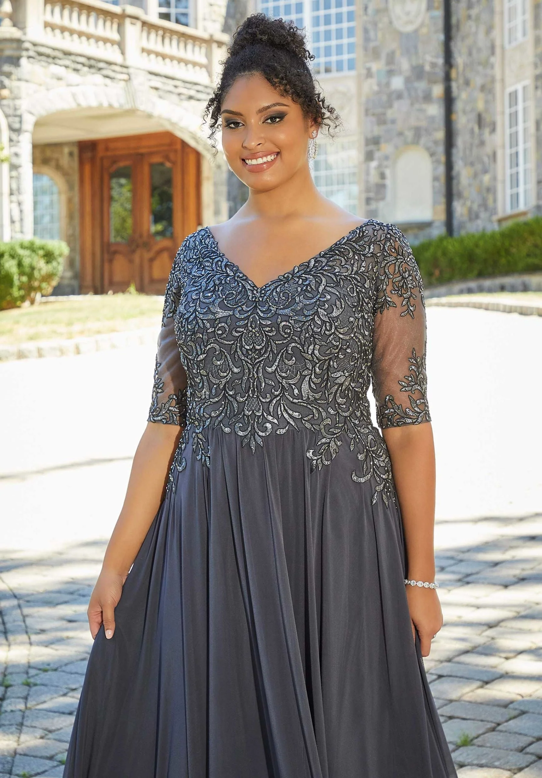 Stretch Mesh Special Occasion Dress with Beaded, Metallic Lace Appliqués - Image 6