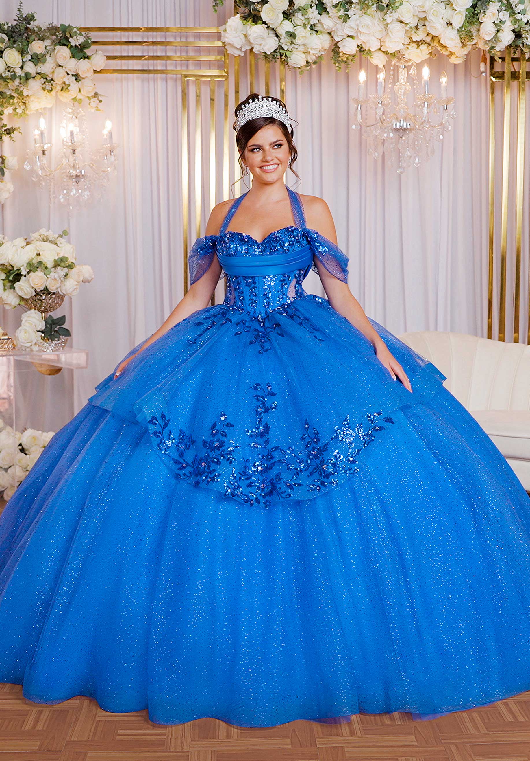 Stylized Tiered Sweetheart Quinceañera Dress with Appliqués and Sheer Side Cut Outs - Image 8