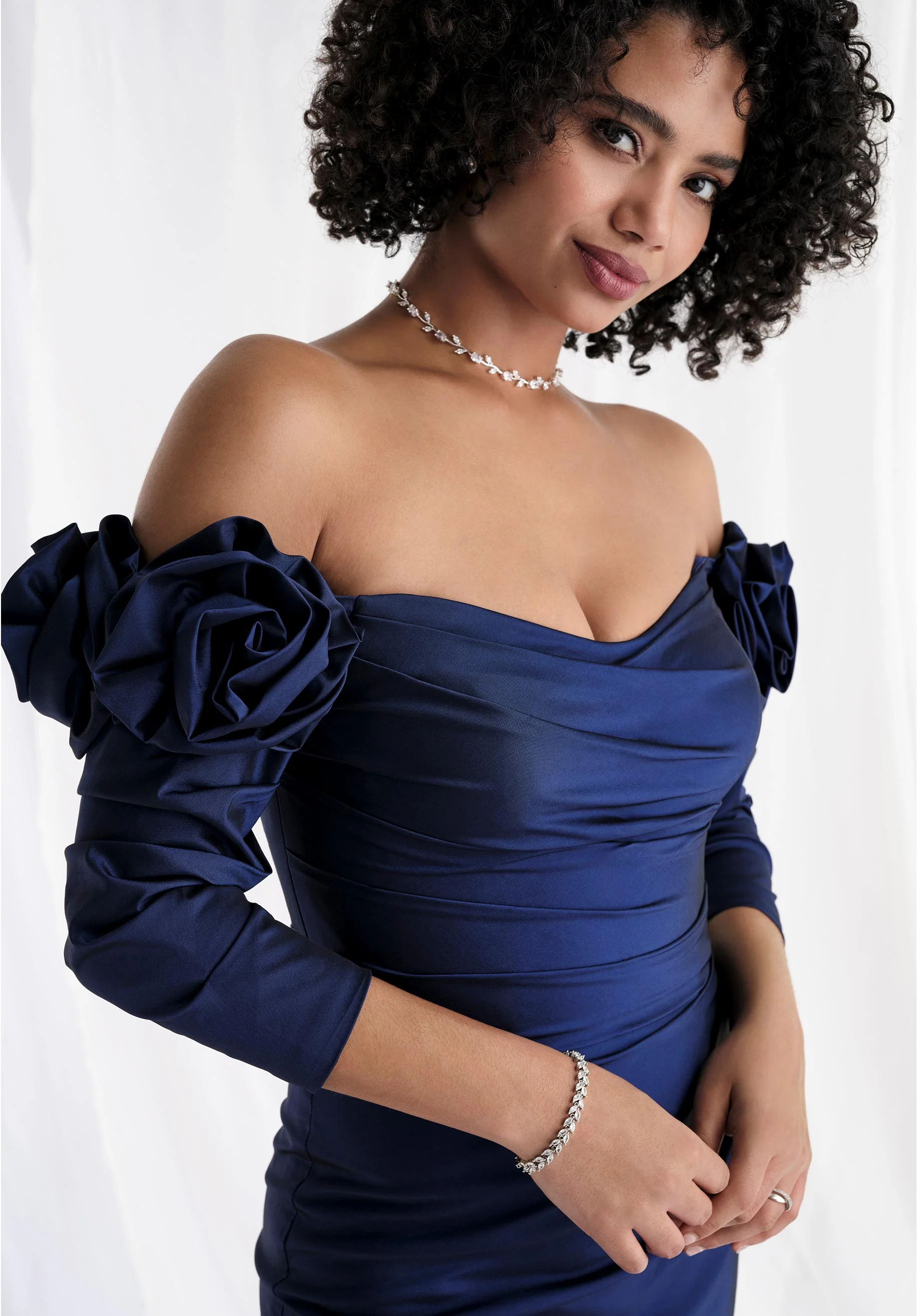 Taffeta Mermaid Evening Gown with Rosette Sleeves - Image 5
