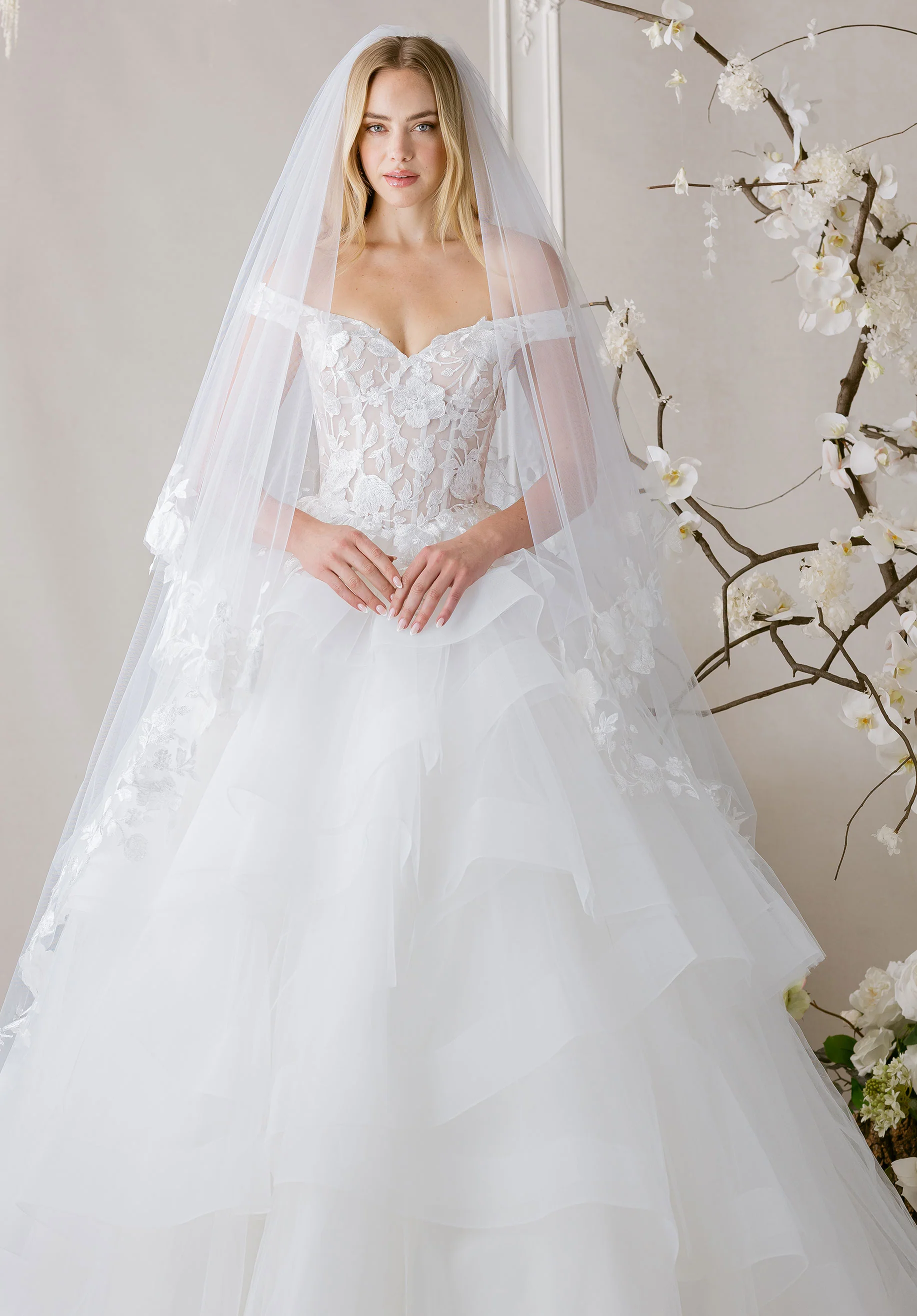 Threadwork Embroidered Cathedral Veil with Blusher
