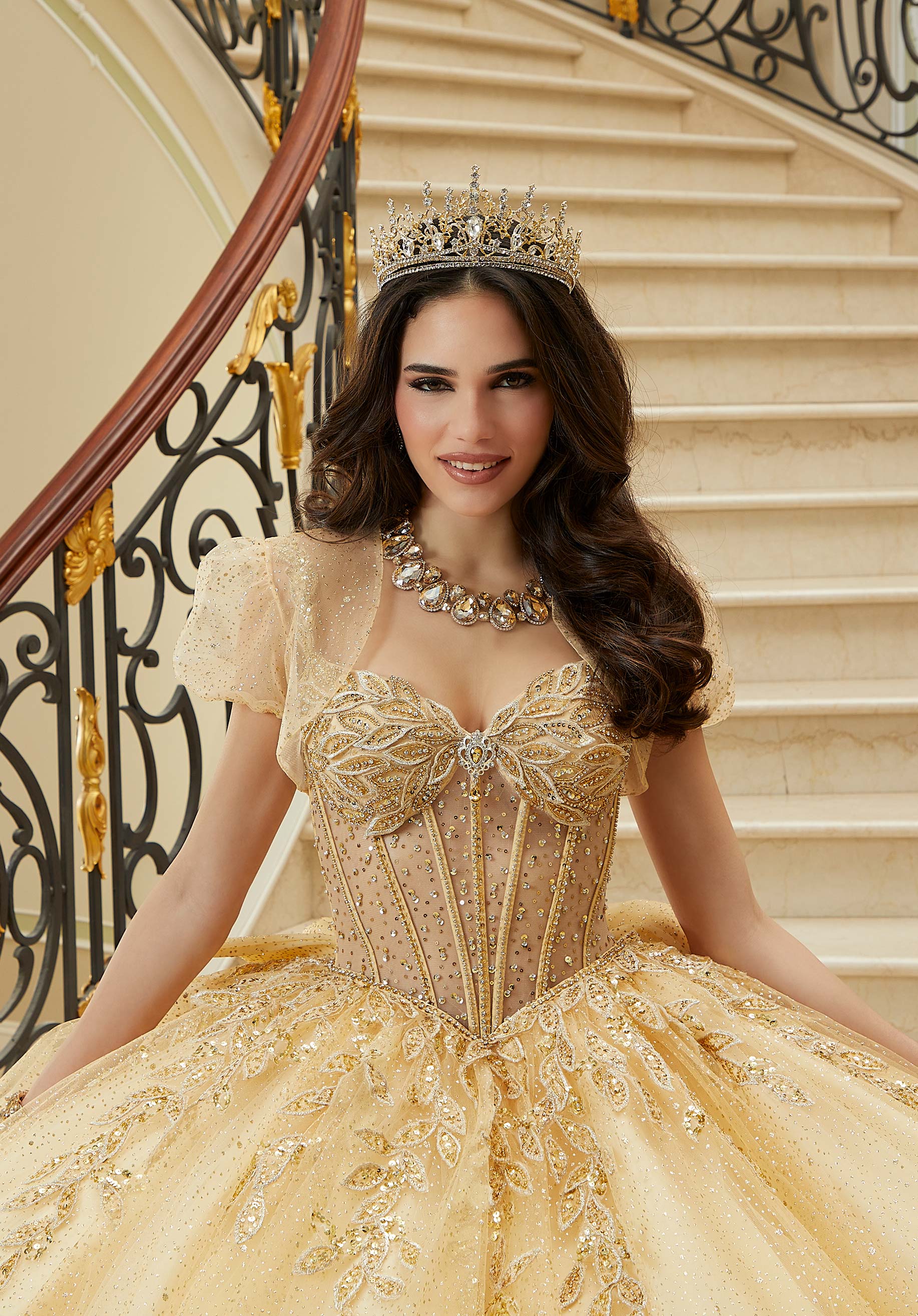 Three-Dimensional Embroidered Diamanté Beaded Quinceañera Dress with Sheer Bodice - Image 4