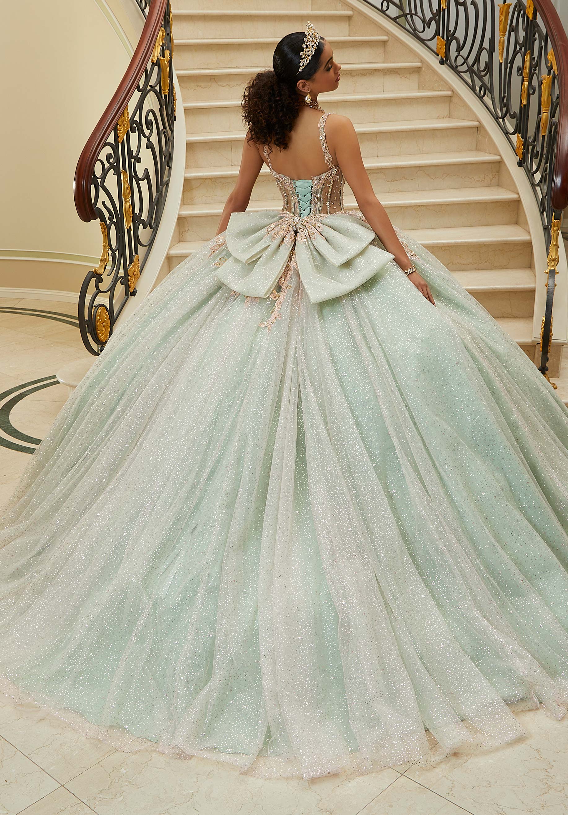 Three-Dimensional Embroidered Diamanté Beaded Quinceañera Dress with Sheer Bodice - Image 6