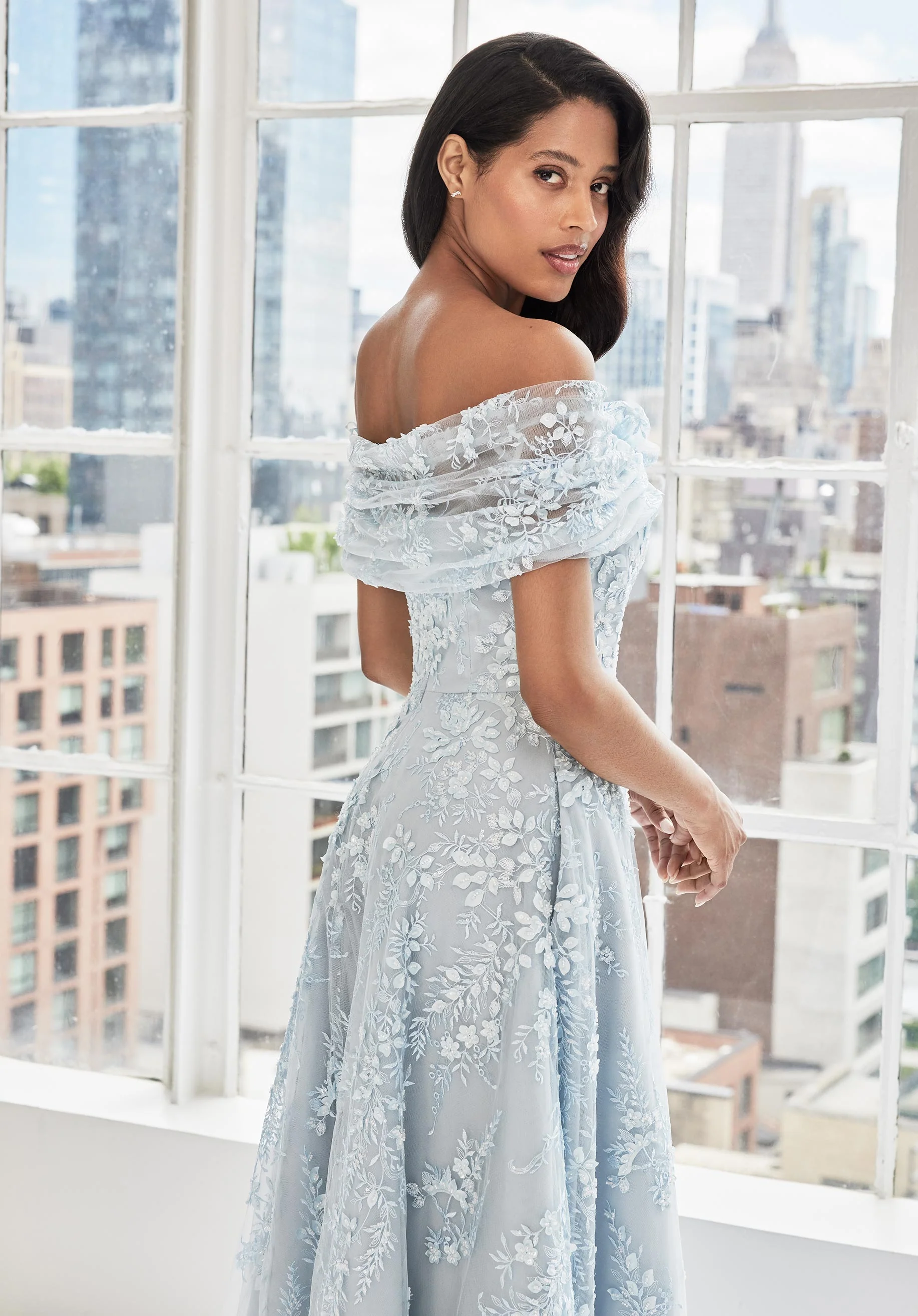 Three Dimensional Floral A-Line Evening Gown with Shawl - Image 5