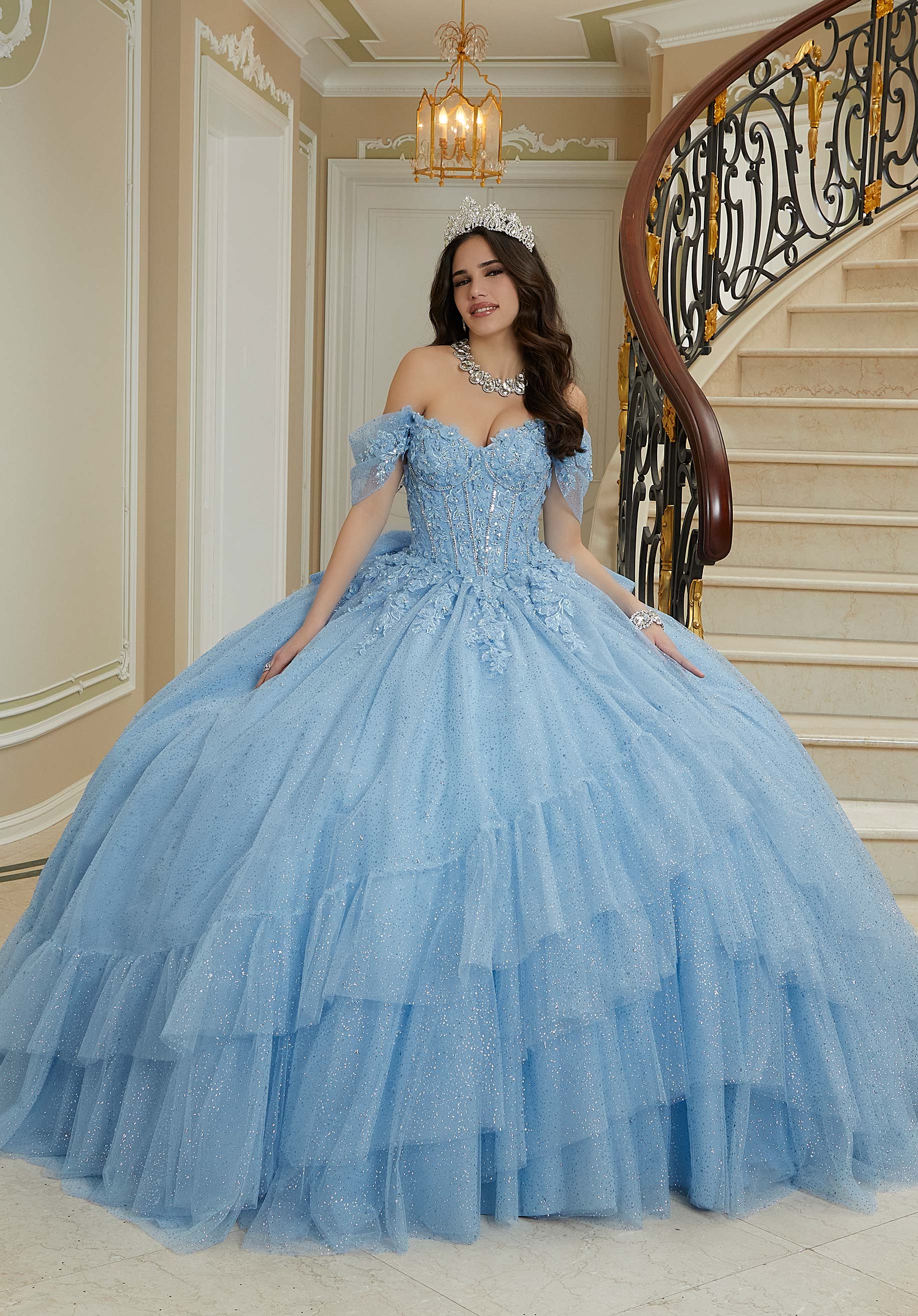 Three-Dimensional Floral Lace Quinceañera Dress on a Flounced Skirt - Image 5