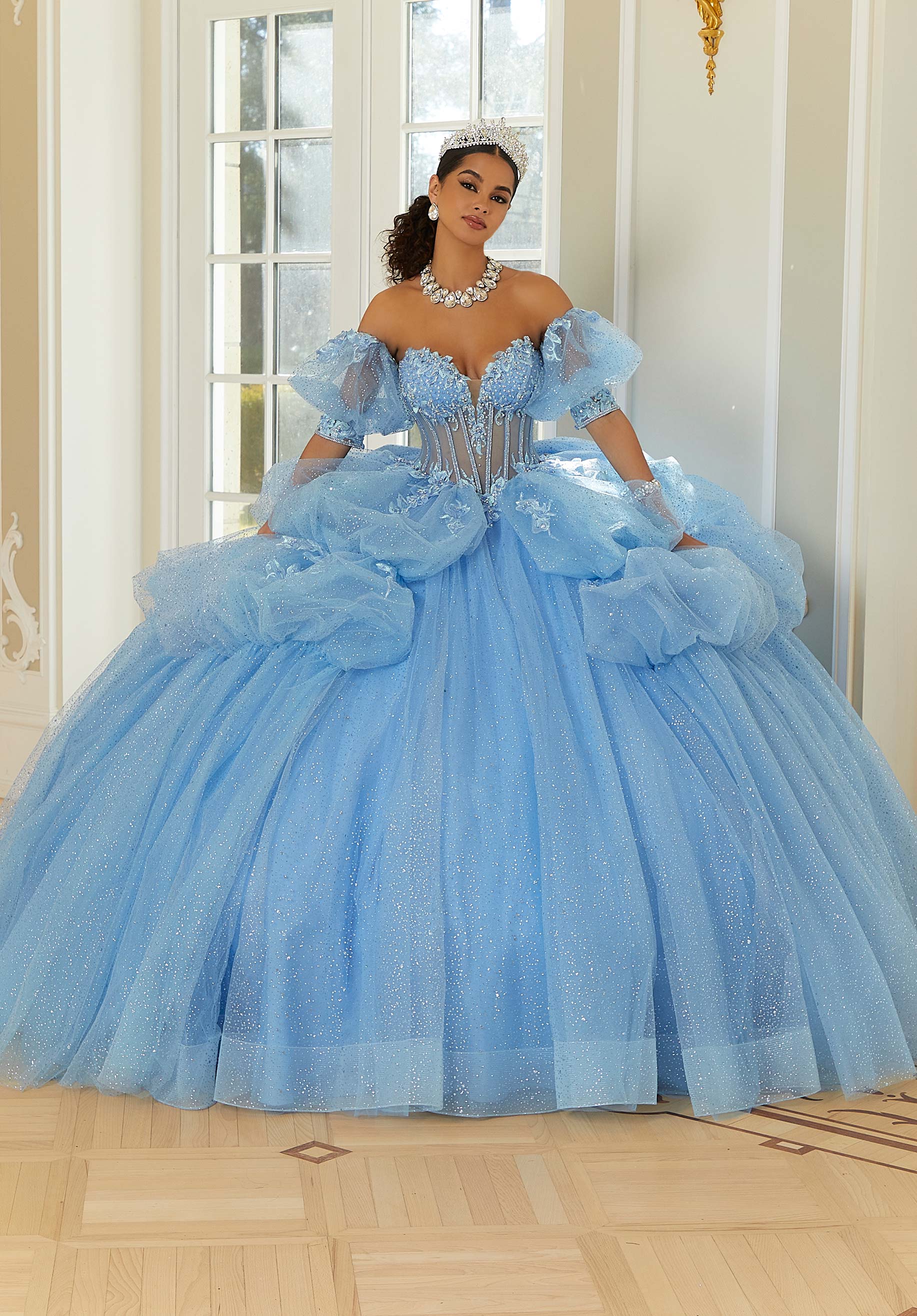 Three-Dimensional Floral Metallic Embroidered Quinceañera Dress with Waterfall Back Skirt - Image 3